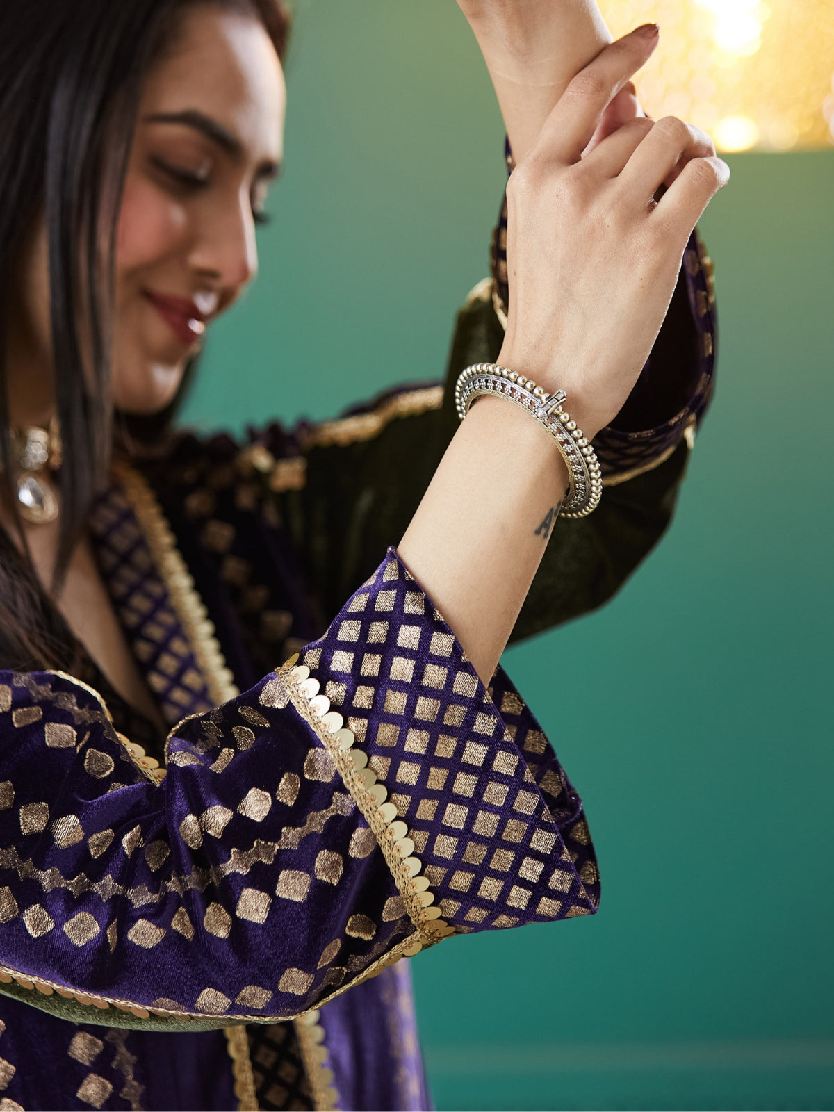 Deep Purple Velvet Magic Straight Long Kurta, With Plazo And Dupatta