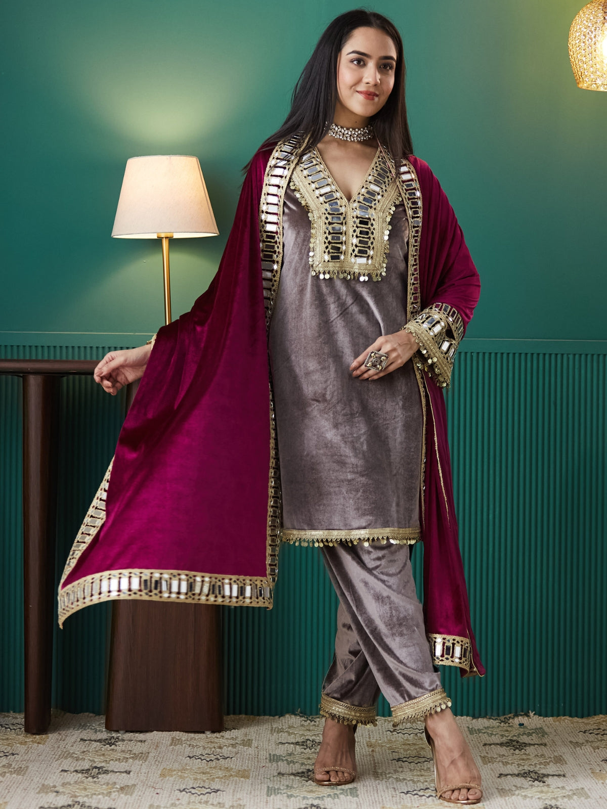 Grey With Magenta Velvet Magic Straight Kurta With Salwar And Dupatta