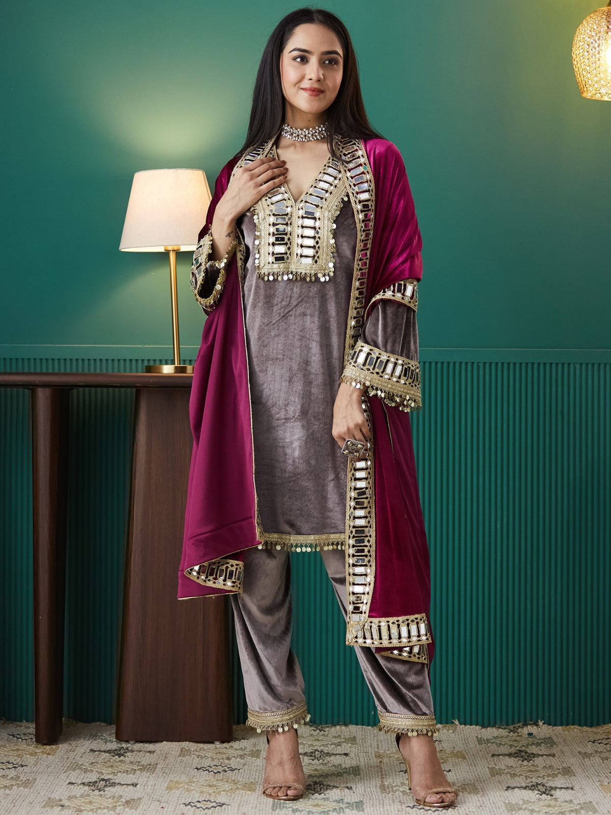Grey With Magenta Velvet Magic Straight Kurta With Salwar And Dupatta