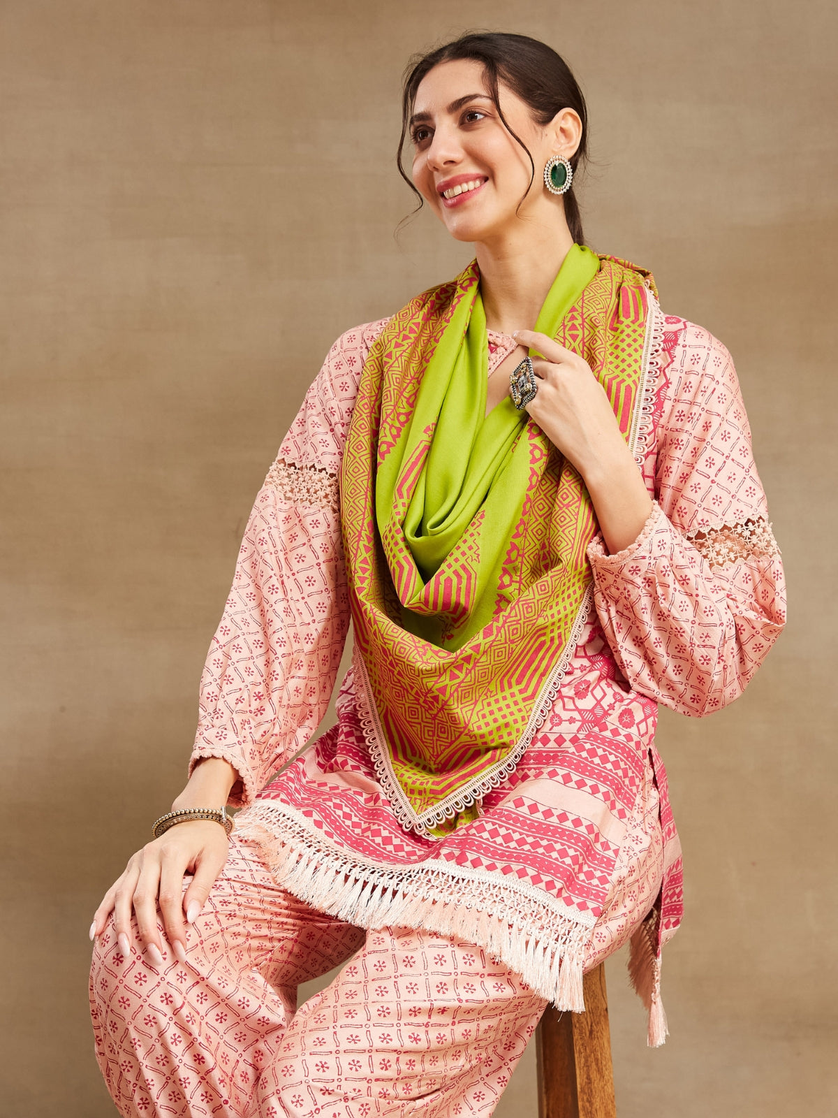 Peach Noor straight kurta with stole and afgani salwar