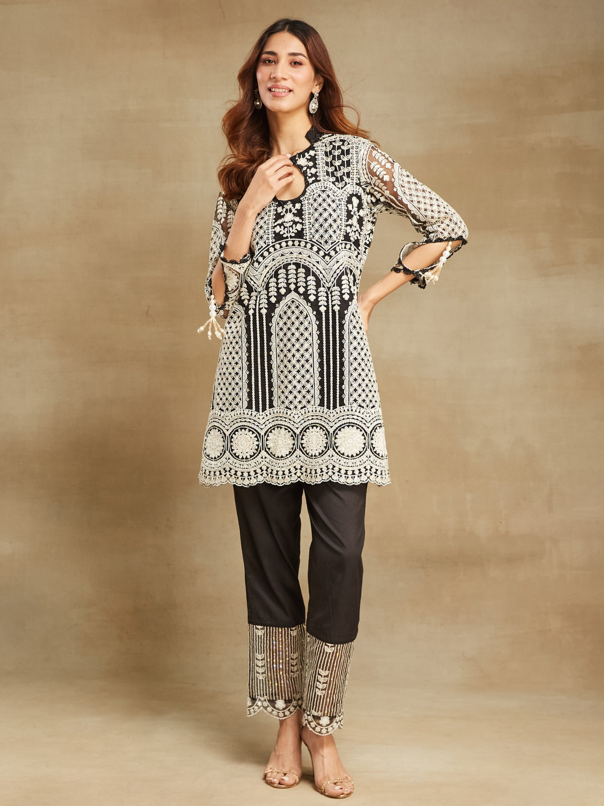 Black Noor embroidered key hole kurta with pant