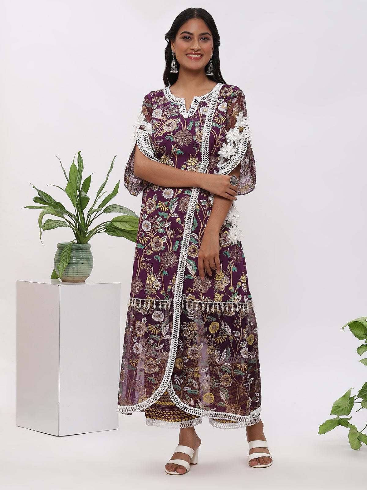 Purple Fanah Kurta With Plazo And Dupatta
