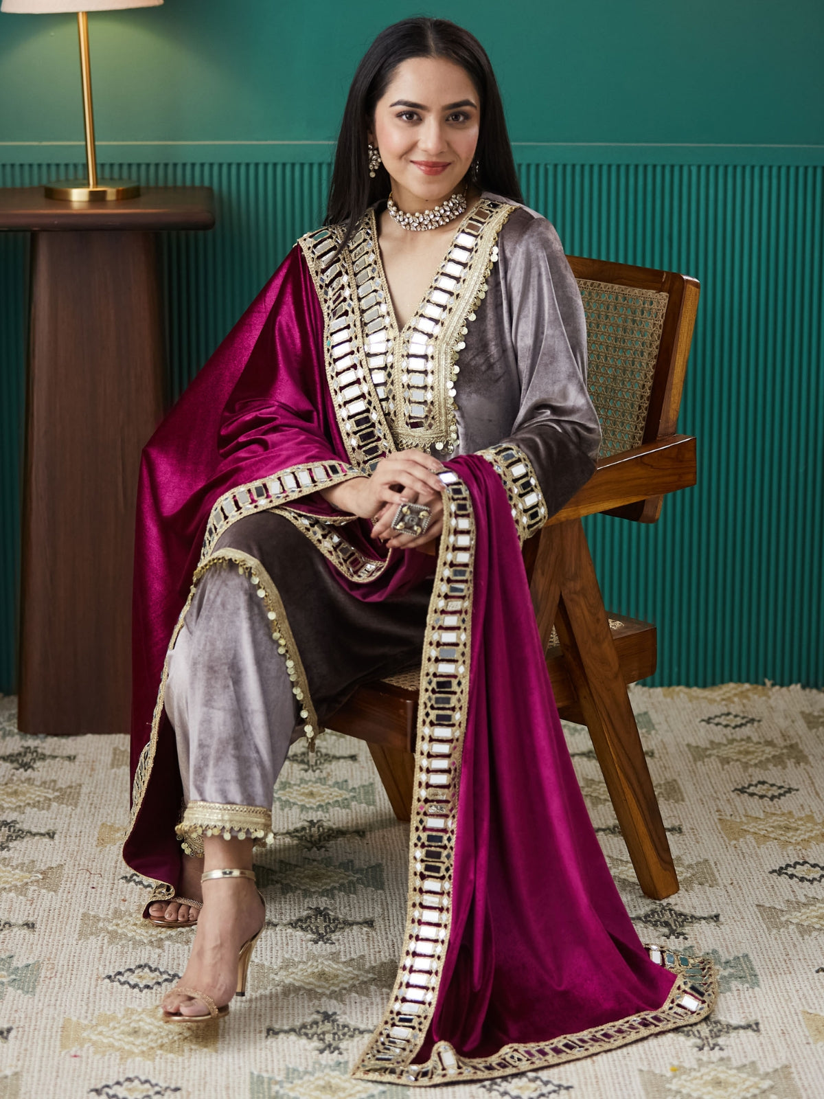 Grey With Magenta Velvet Magic Straight Kurta With Salwar And Dupatta