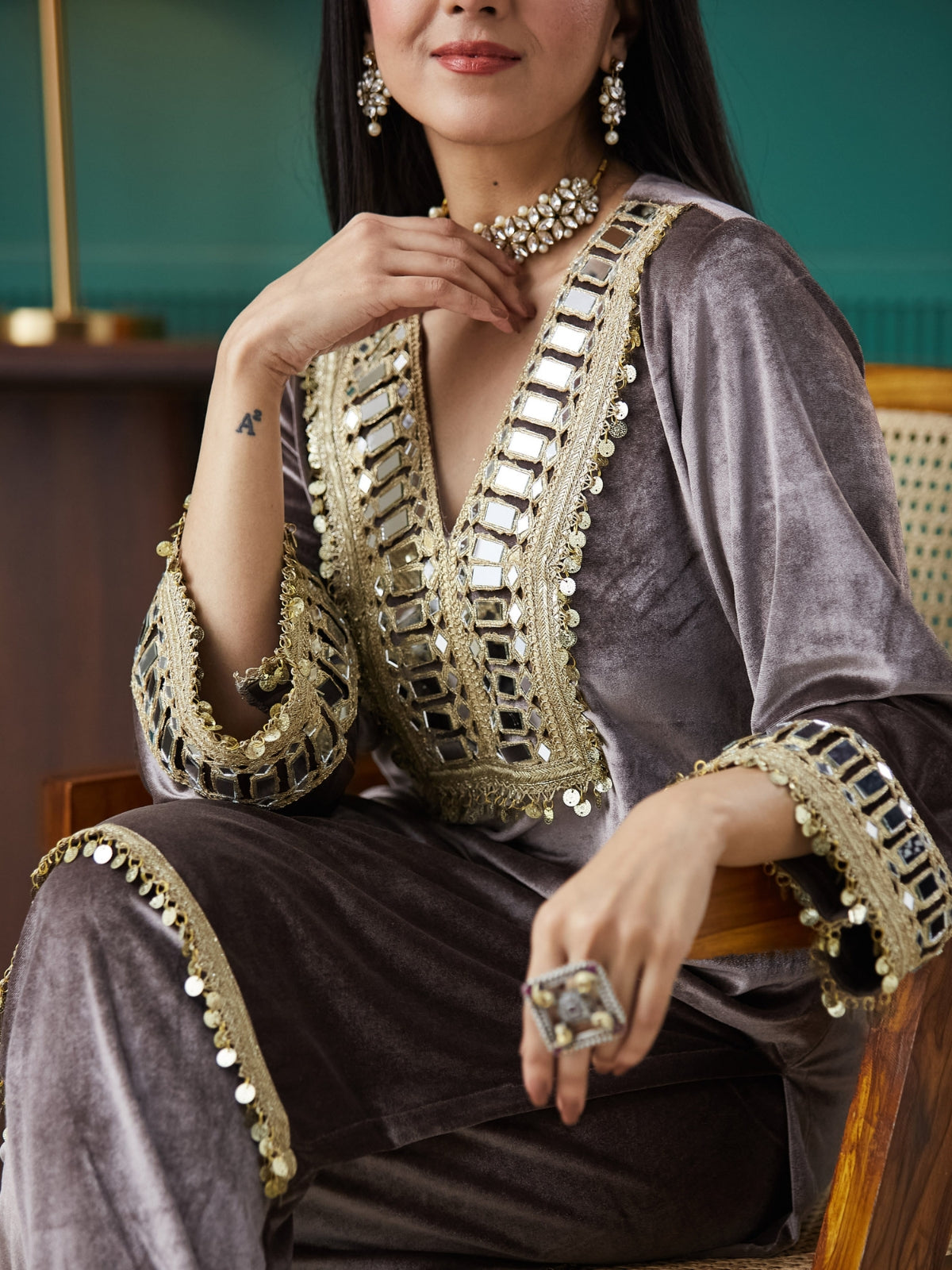 Grey With Magenta Velvet Magic Straight Kurta With Salwar And Dupatta