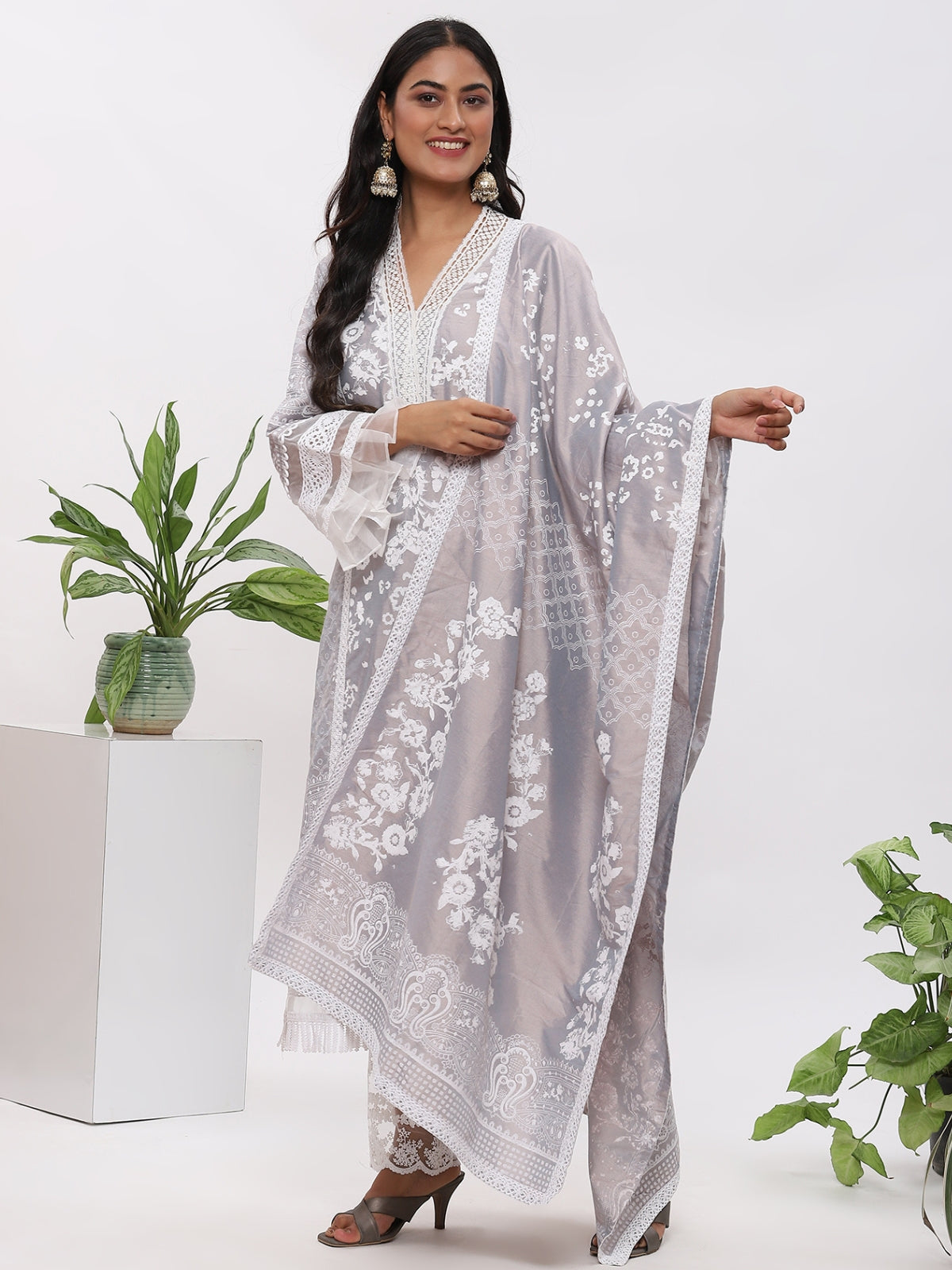 Grey Fanah Kurta With Plazo And Dupatta