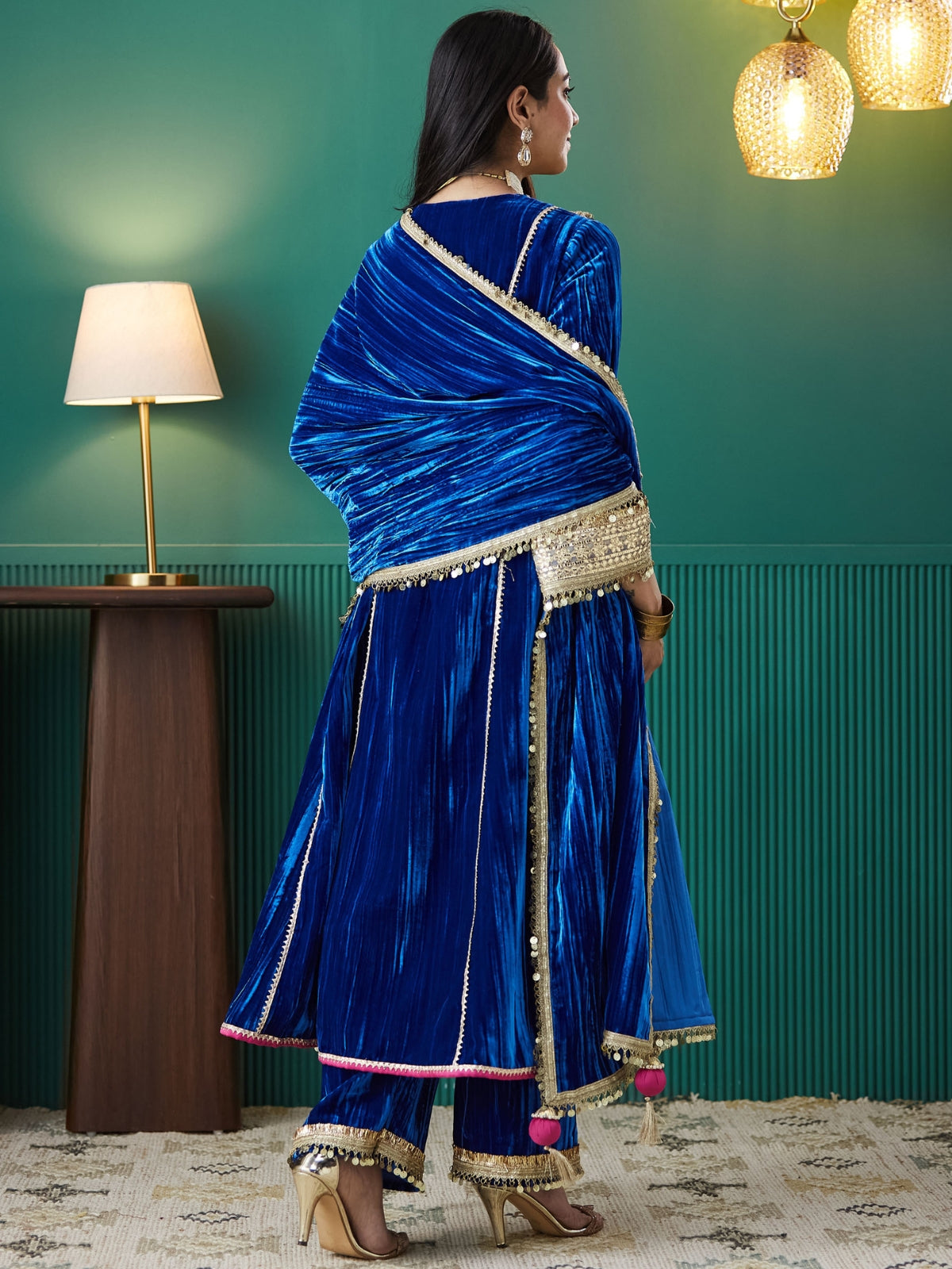 Blue Velvet Magic A Line Long Kurta, With Plazo And Dupatta