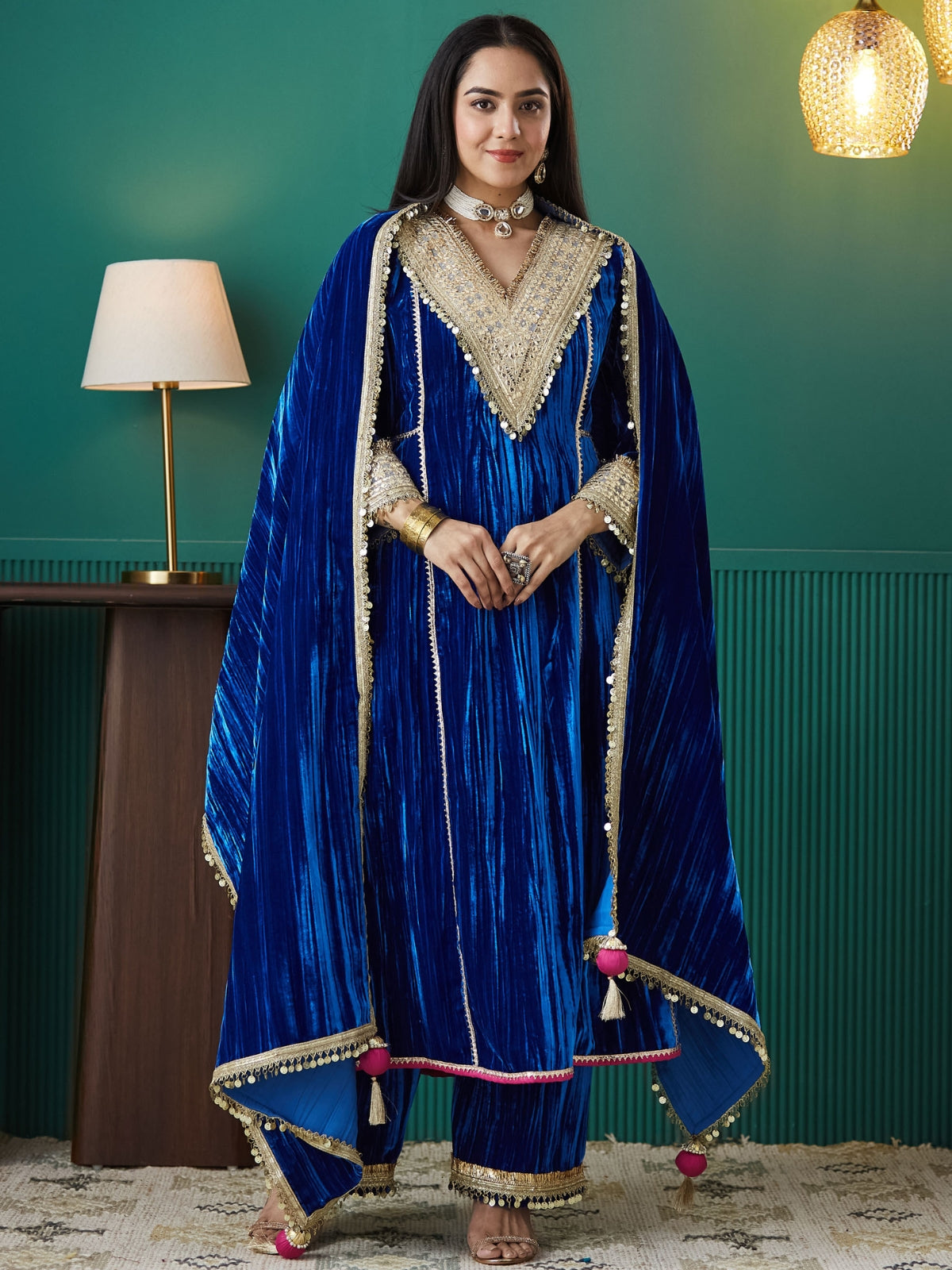 Blue Velvet Magic A Line Long Kurta, With Plazo And Dupatta
