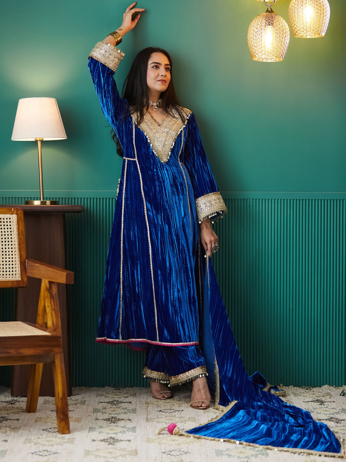 Blue Velvet Magic A Line Long Kurta, With Plazo And Dupatta