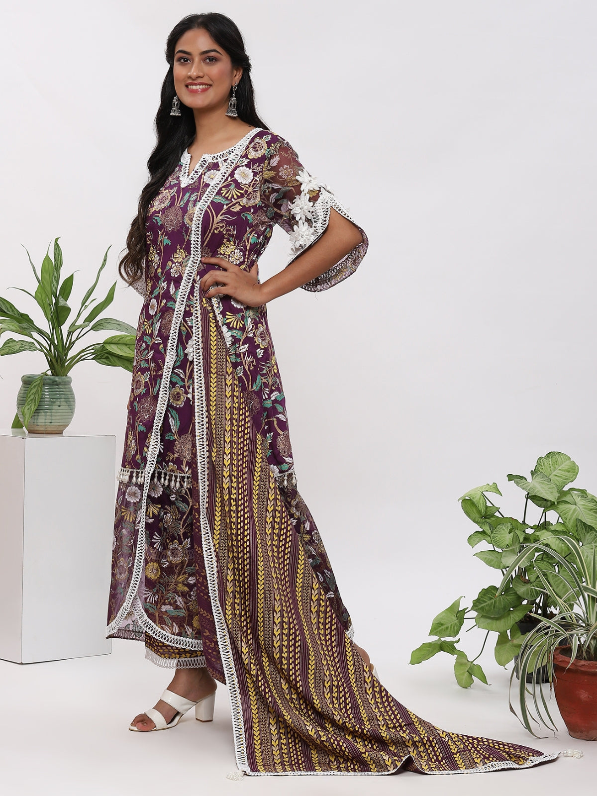 Purple Fanah Kurta With Plazo And Dupatta