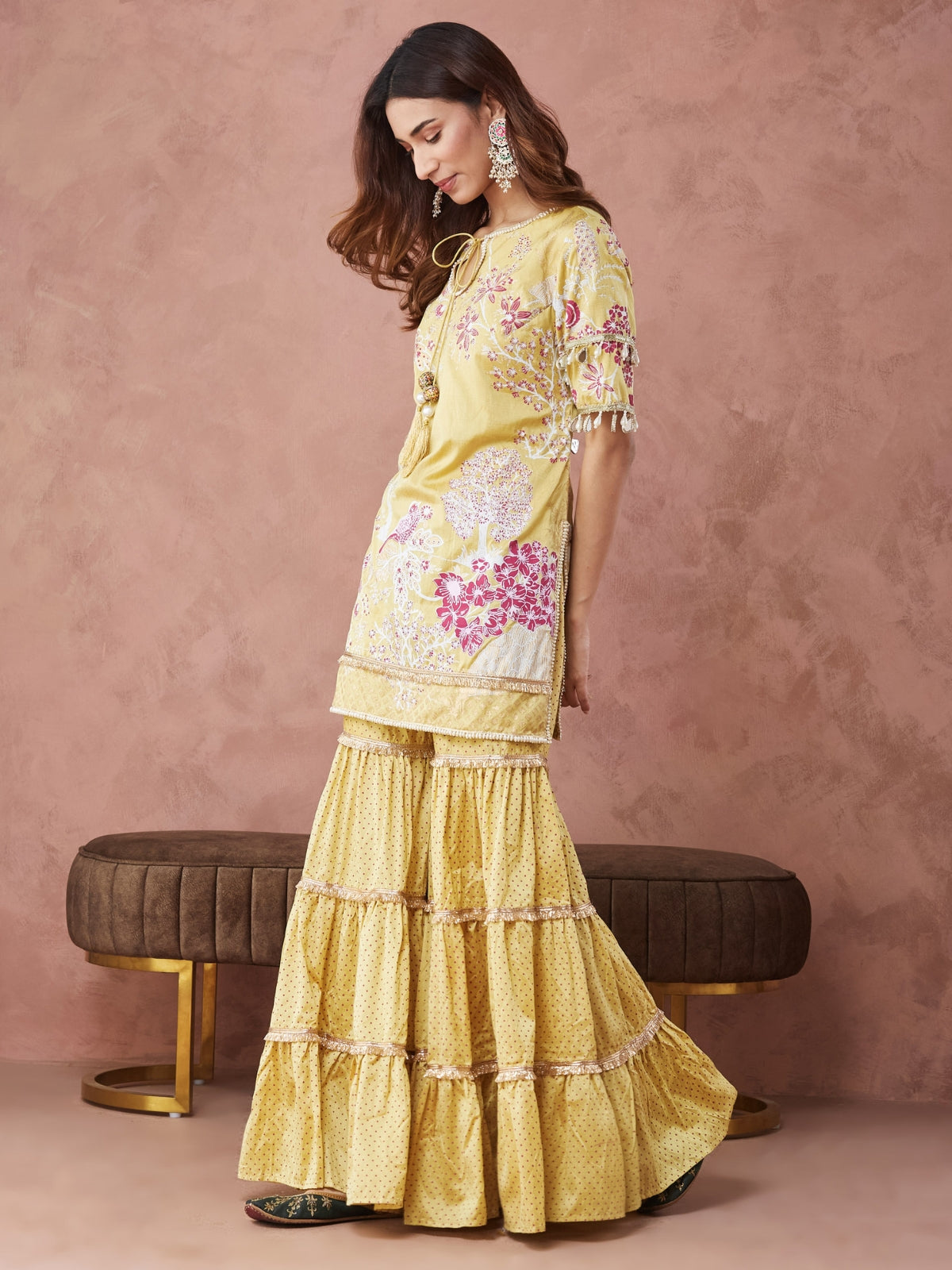 Yellow And Pink Noor key hole kurta with garara and dupatta