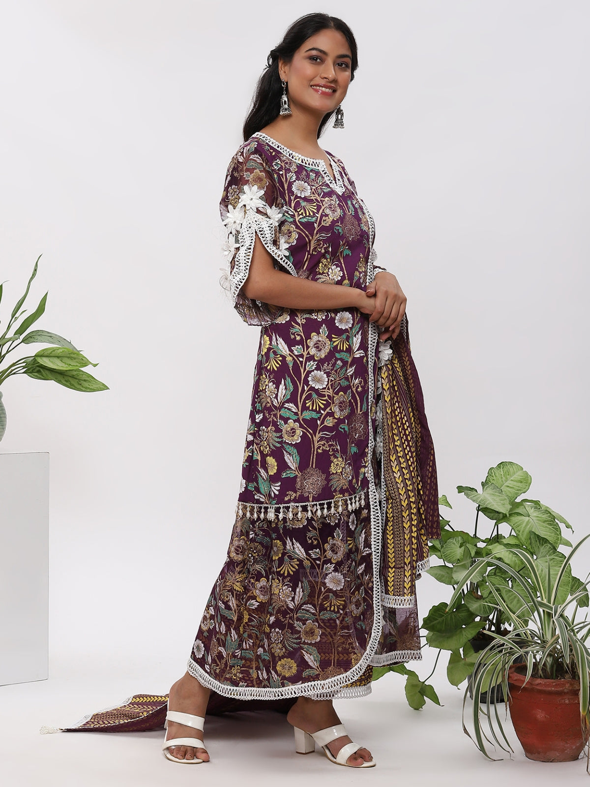 Purple Fanah Kurta With Plazo And Dupatta