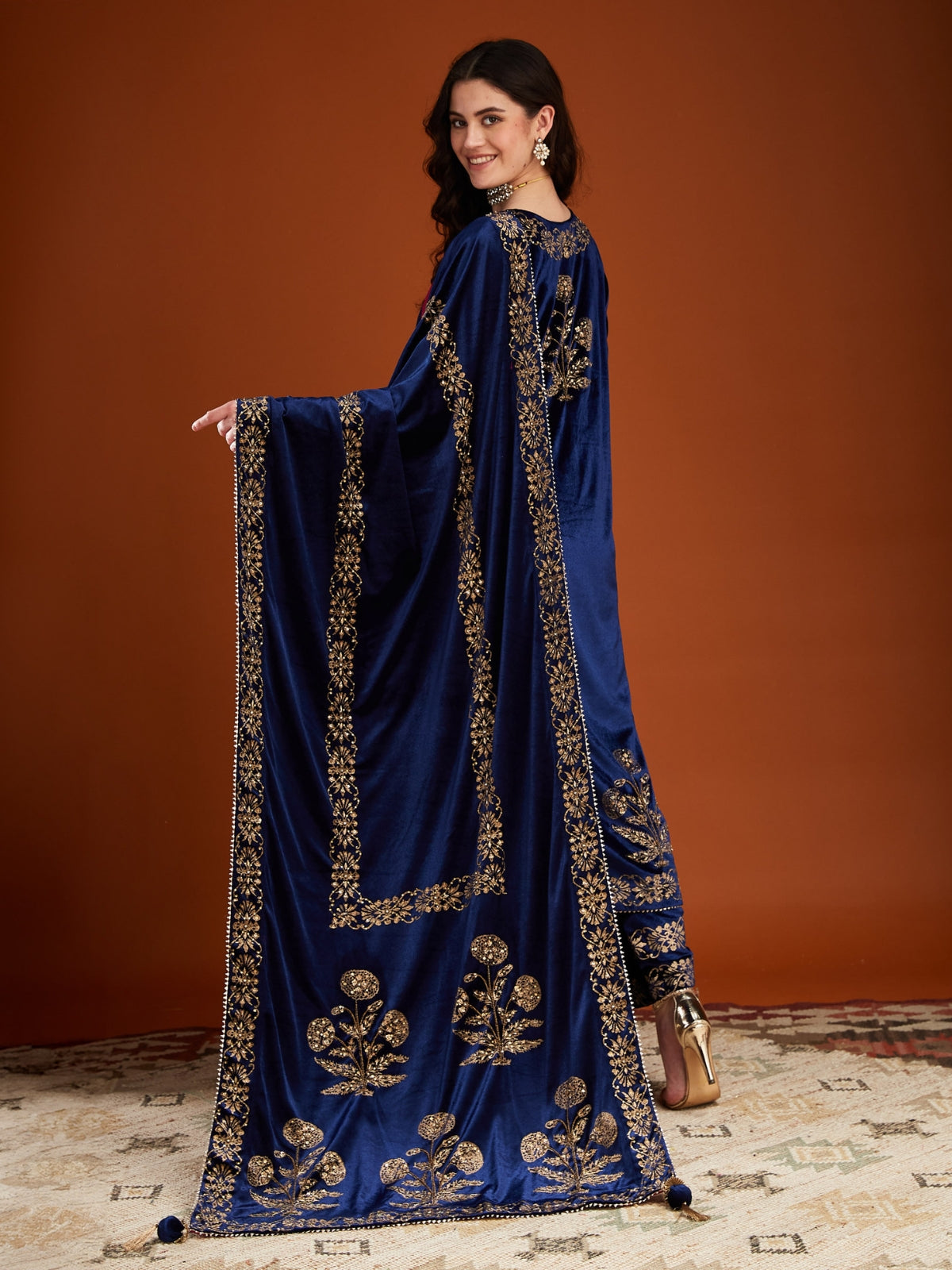 Blue Velvet Magic Straight Long Kurta With Plazo And Dupatta