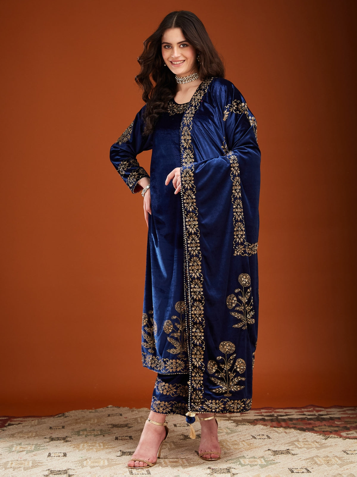 Blue Velvet Magic Straight Long Kurta With Plazo And Dupatta