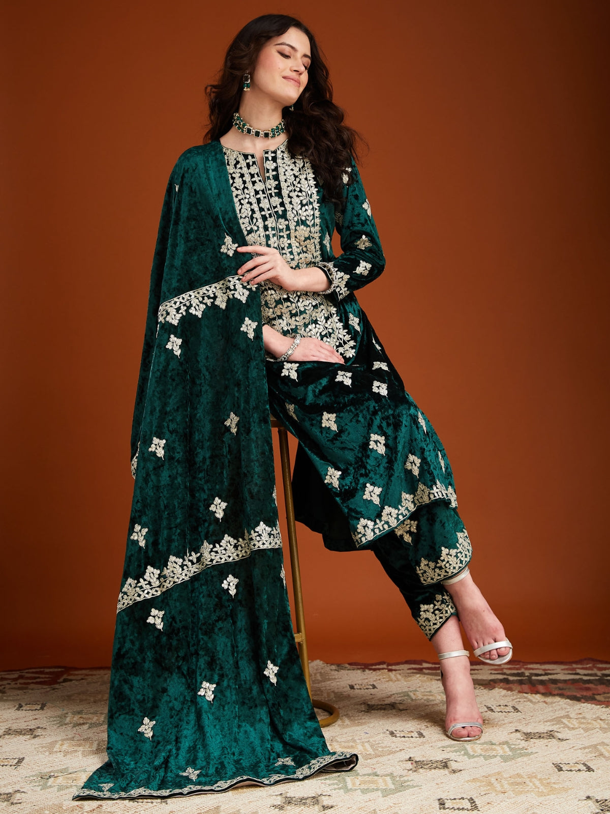 Green Velvet Magic Straight Kurta With Salwar And Dupatta