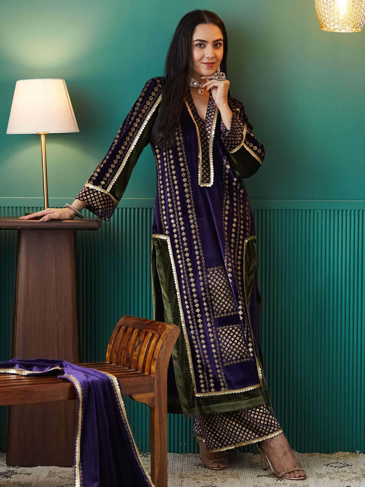 Deep Purple Velvet Magic Straight Long Kurta, With Plazo And Dupatta