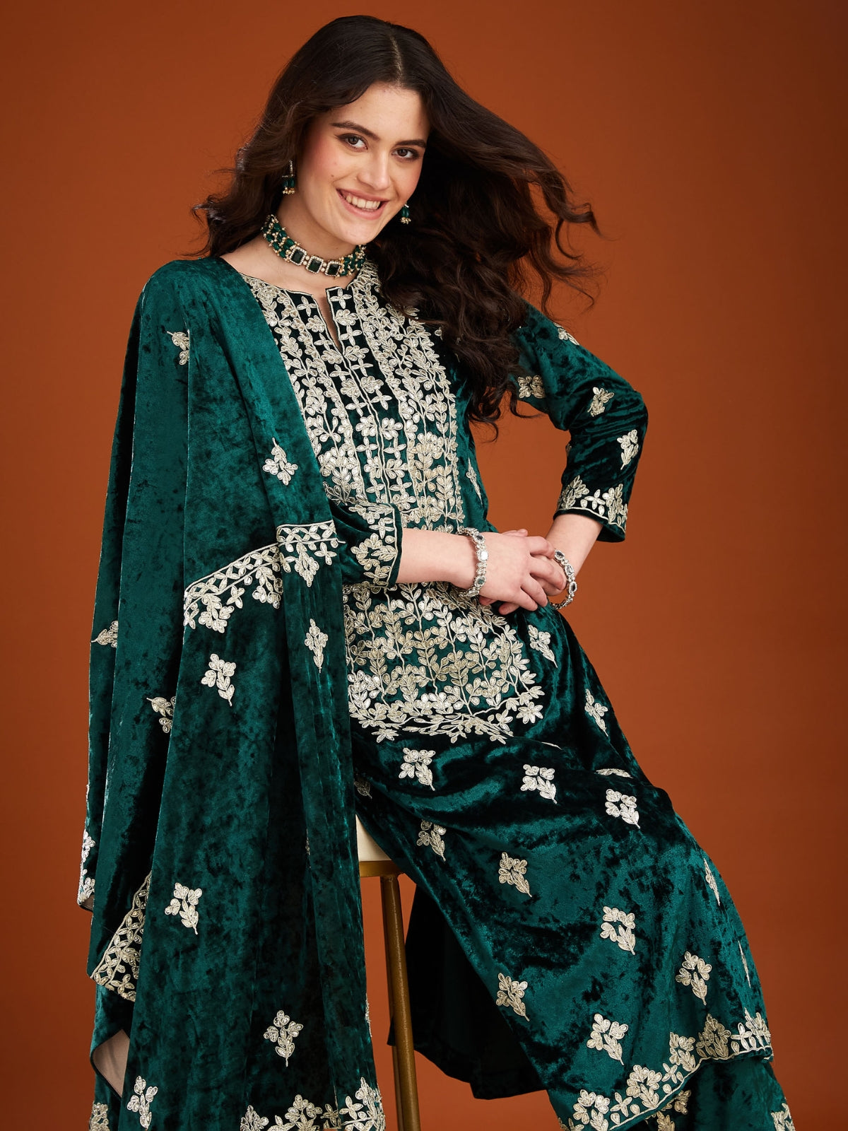 Green Velvet Magic Straight Kurta With Salwar And Dupatta