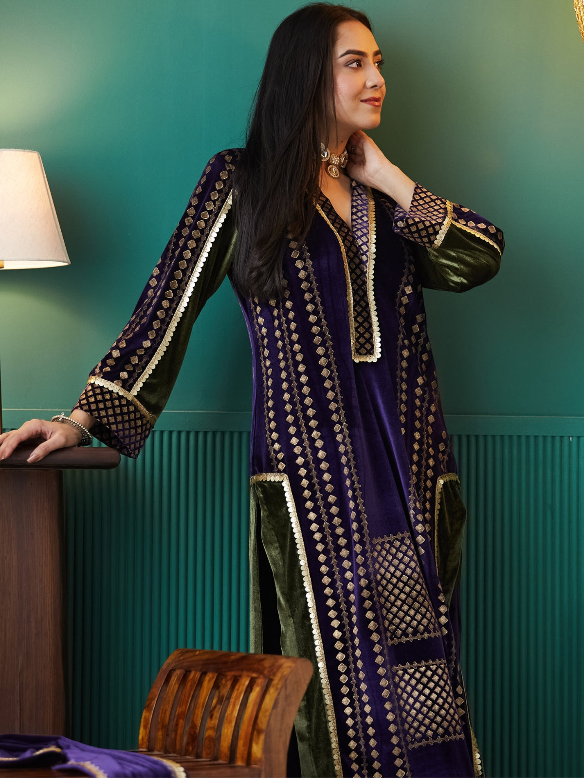 Deep Purple Velvet Magic Straight Long Kurta, With Plazo And Dupatta