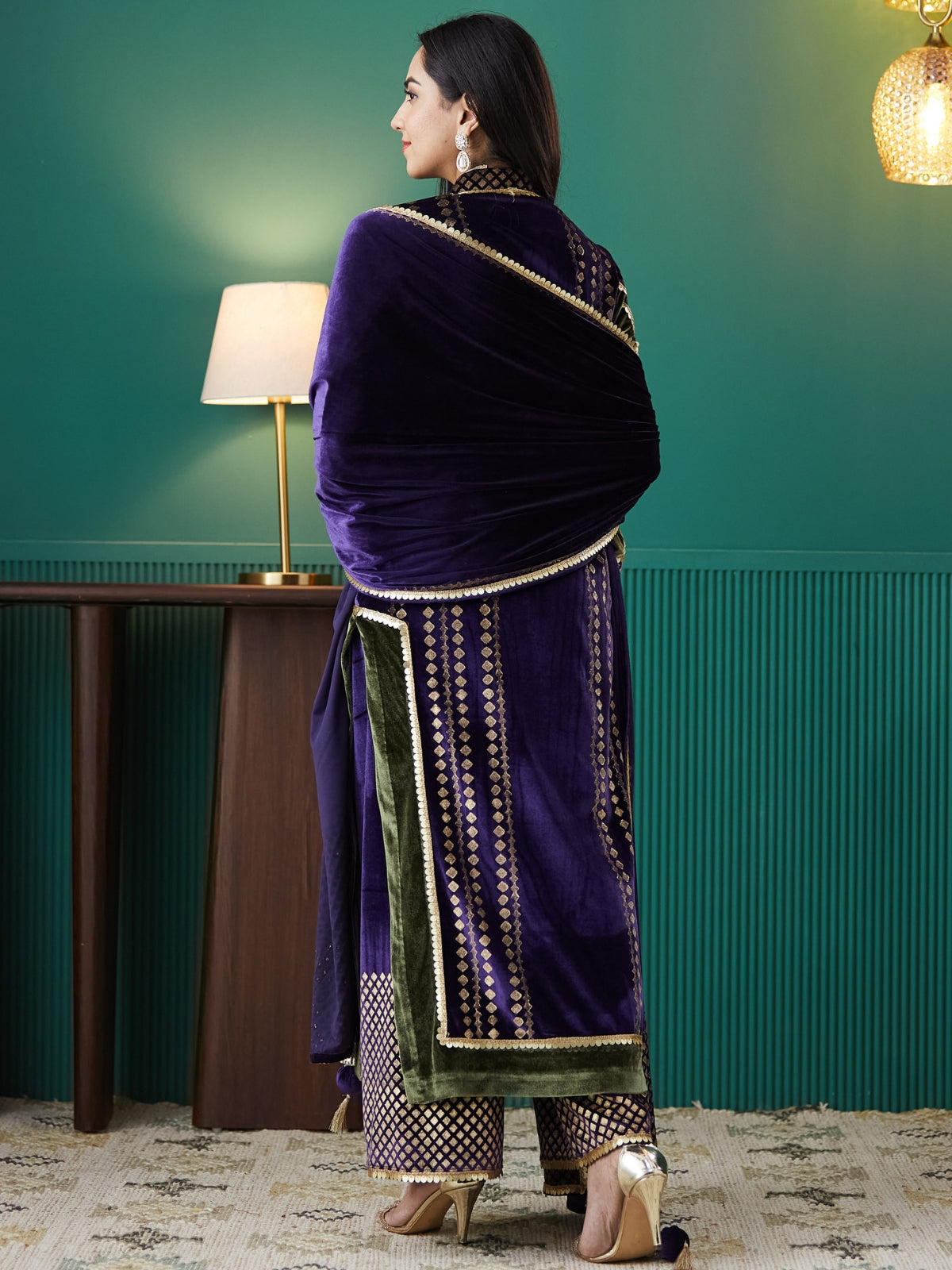 Deep Purple Velvet Magic Straight Long Kurta, With Plazo And Dupatta