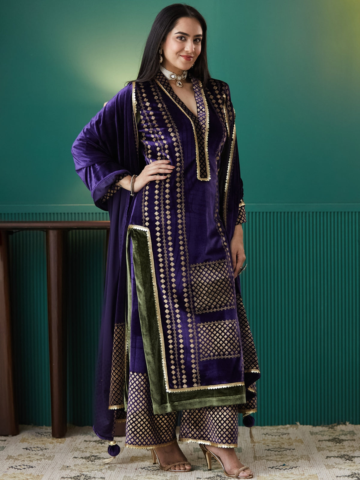 Deep Purple Velvet Magic Straight Long Kurta, With Plazo And Dupatta