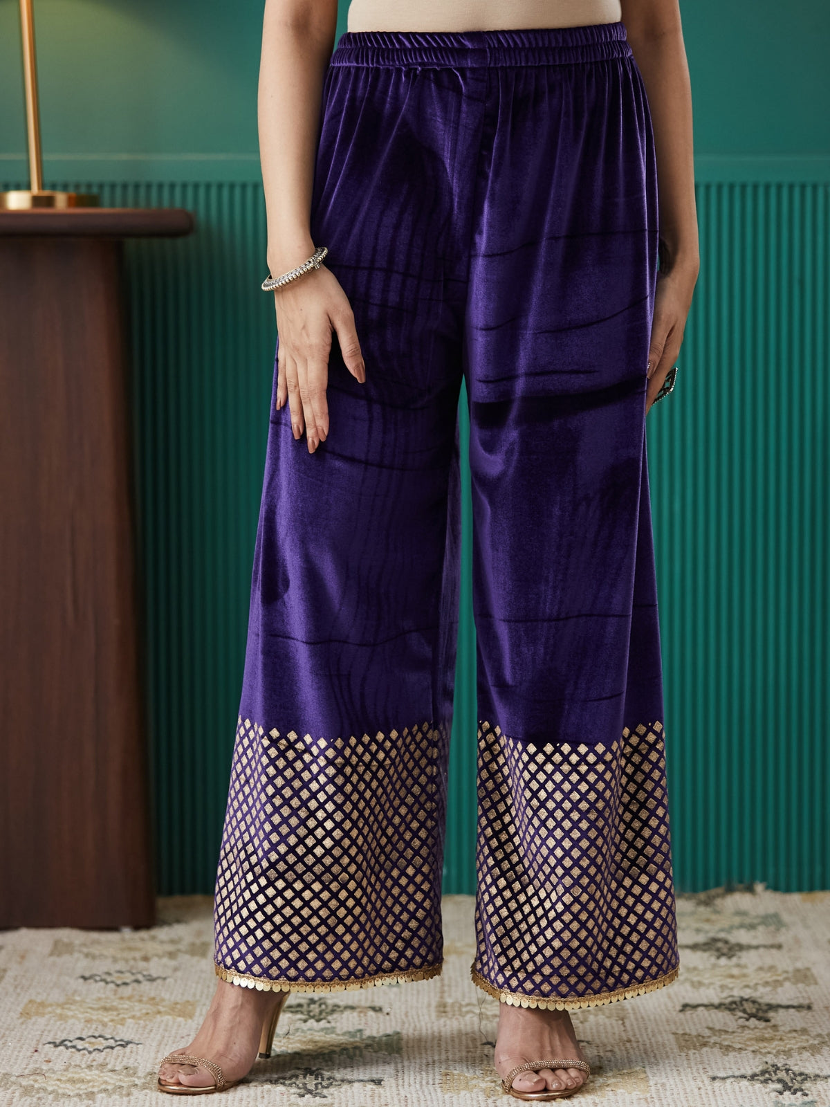 Deep Purple Velvet Magic Straight Long Kurta, With Plazo And Dupatta