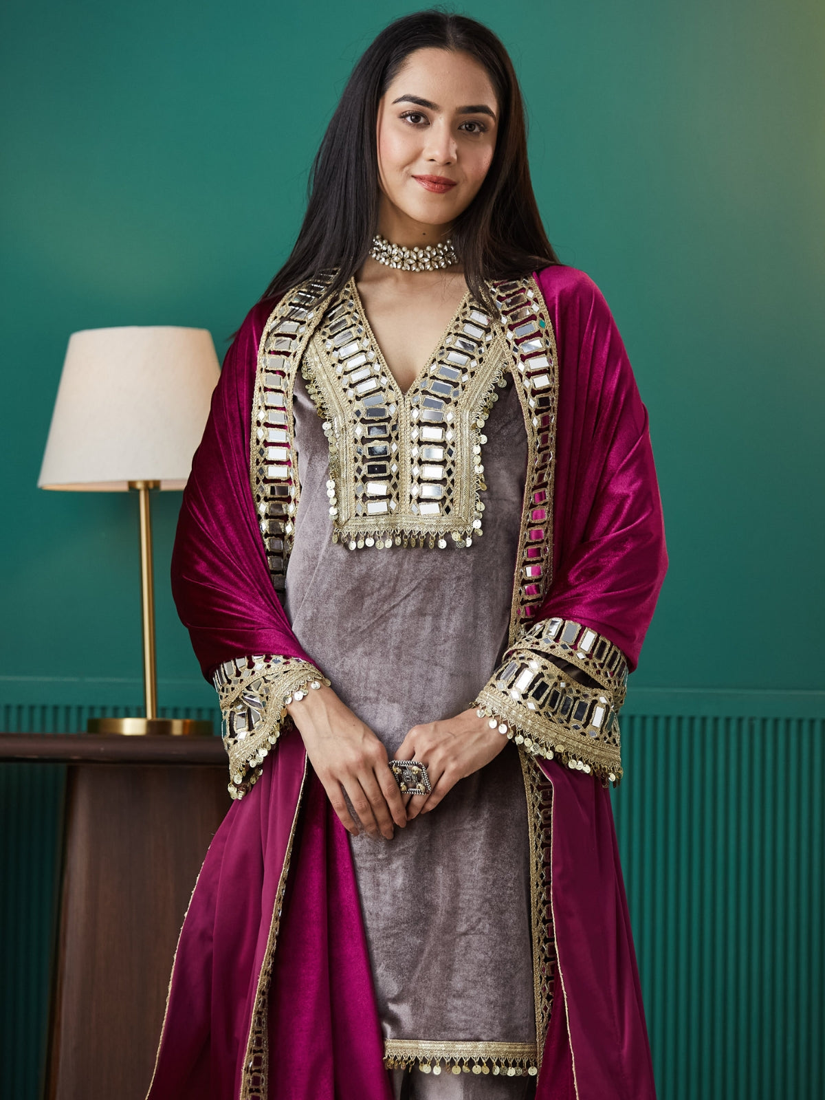Grey With Magenta Velvet Magic Straight Kurta With Salwar And Dupatta