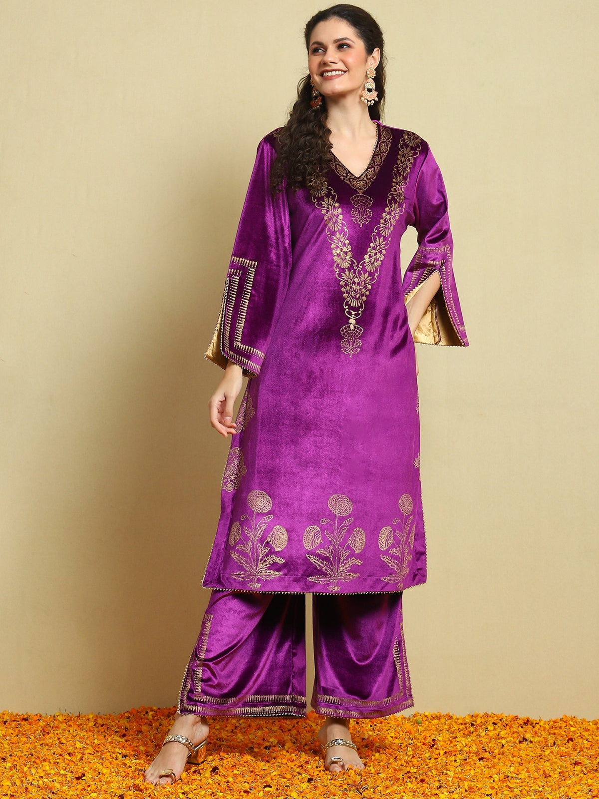 Purple Velvet Magic Kurta With Plazo And Dupatta