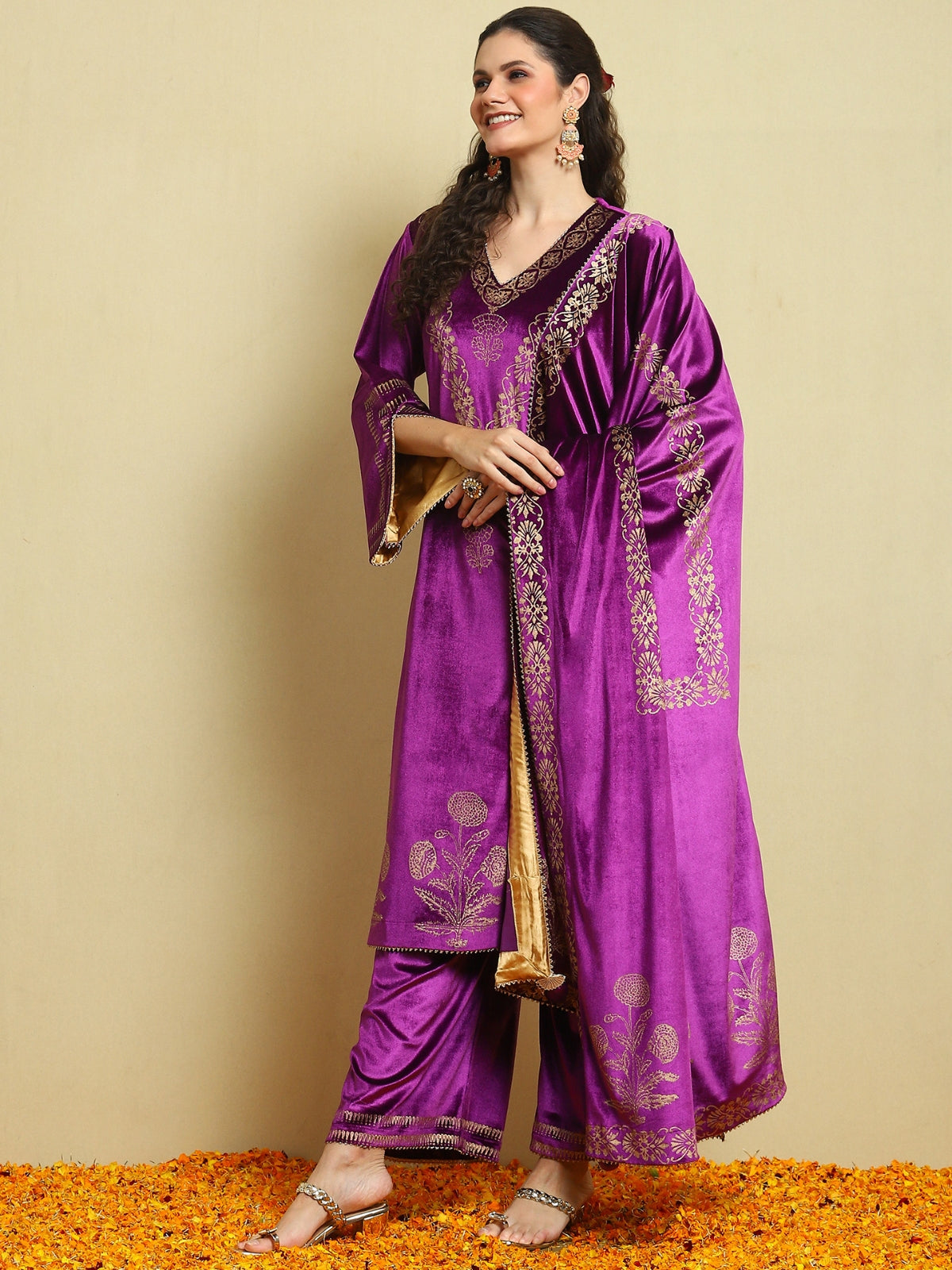 Purple Velvet Magic Kurta With Plazo And Dupatta