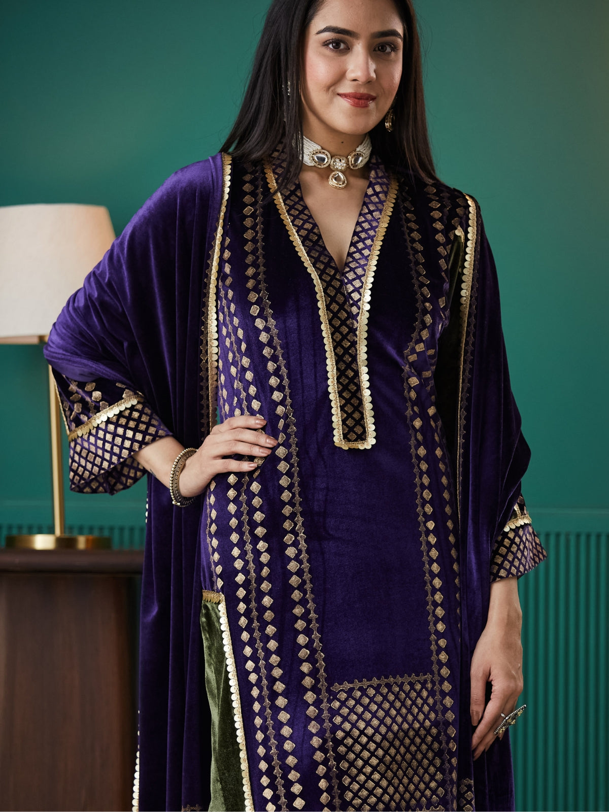 Deep Purple Velvet Magic Straight Long Kurta, With Plazo And Dupatta