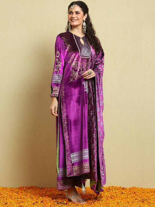 Purple With Green Facing Velvet Magic Straight Long Kurta With Plazo And Dupatta