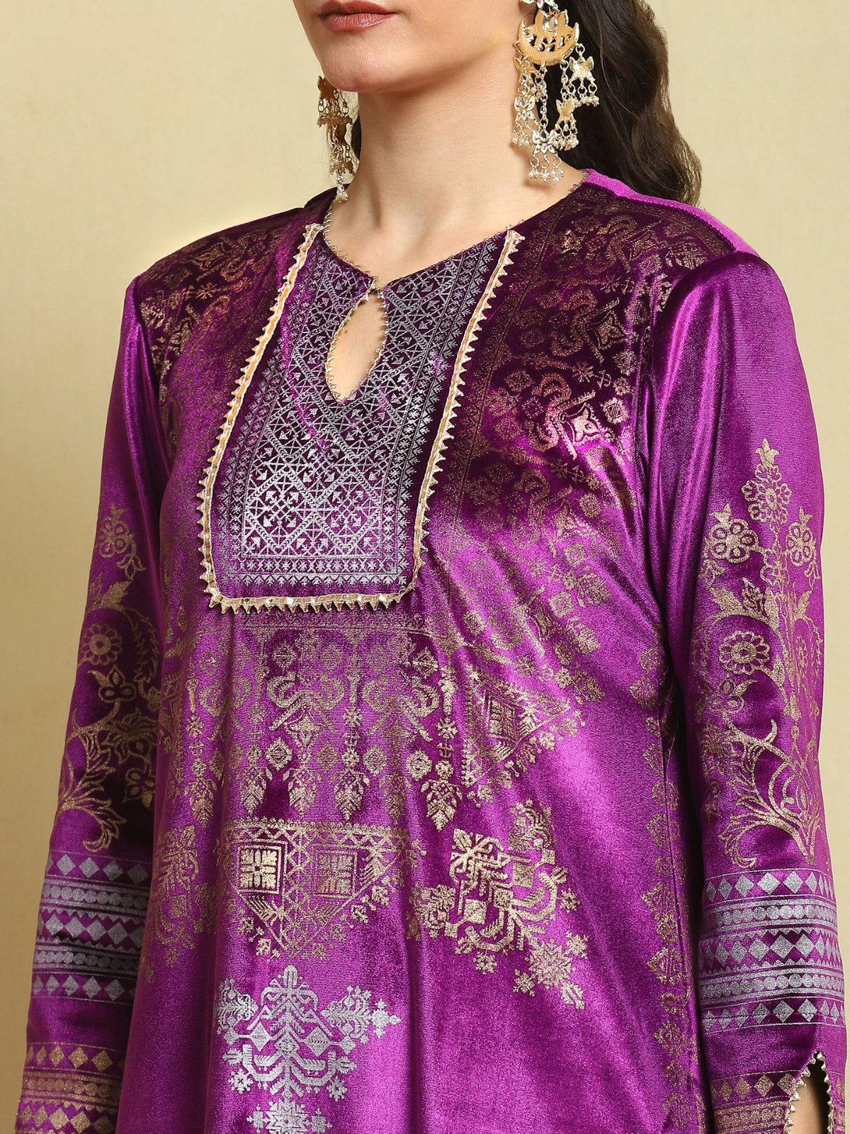 Purple With Green Facing Velvet Magic Straight Long Kurta With Plazo And Dupatta