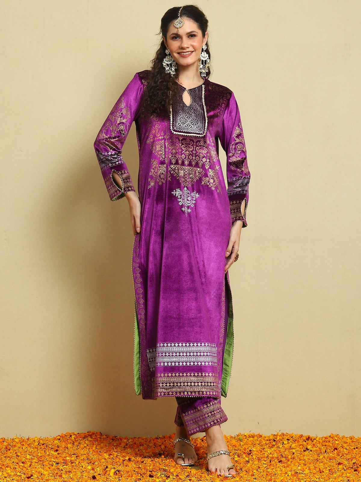 Purple With Green Facing Velvet Magic Straight Long Kurta With Plazo And Dupatta