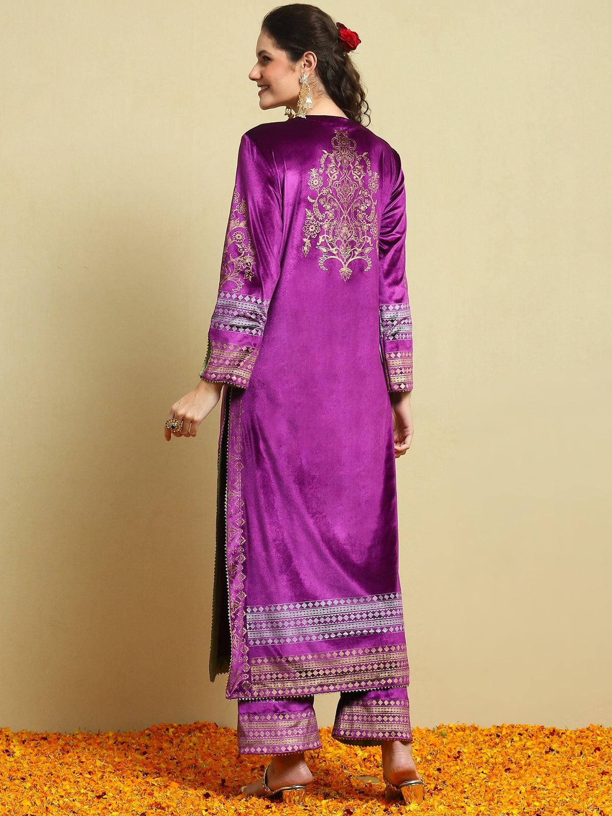 Purple With Green Facing Velvet Magic Straight Long Kurta With Plazo And Dupatta