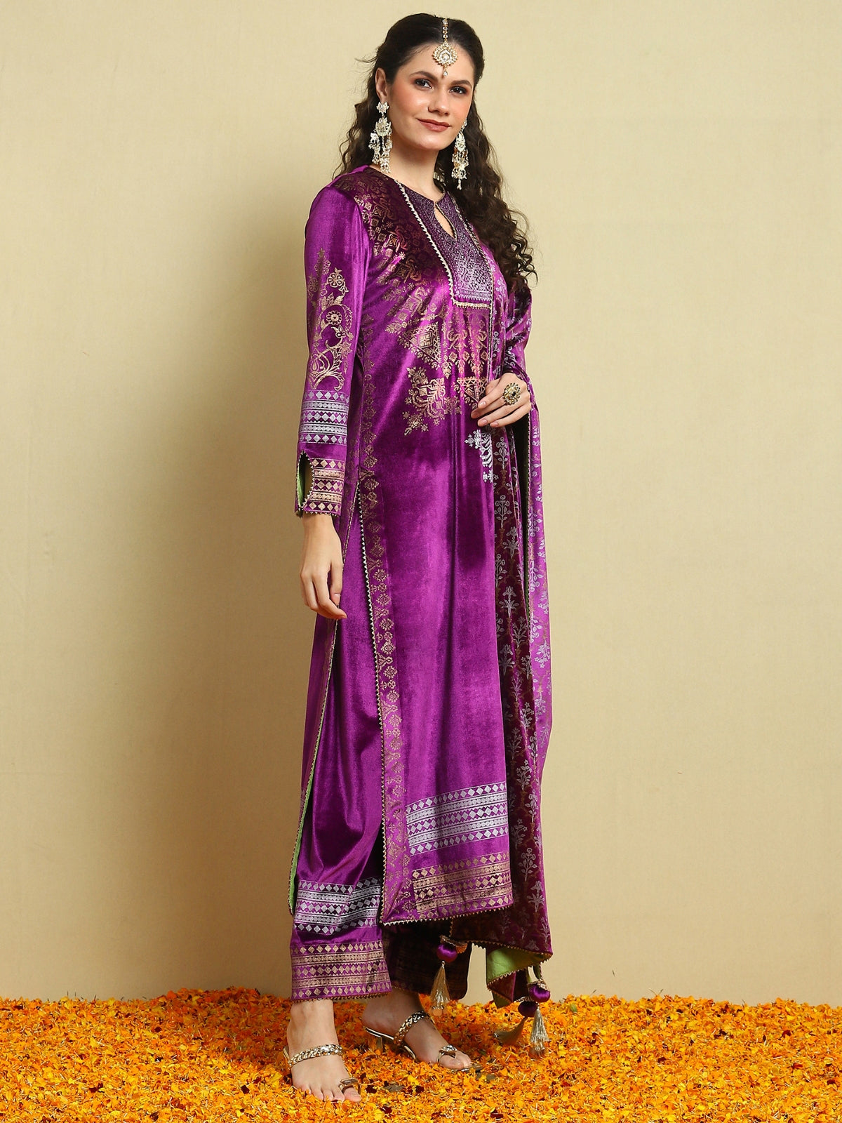 Purple With Green Facing Velvet Magic Straight Long Kurta With Plazo And Dupatta