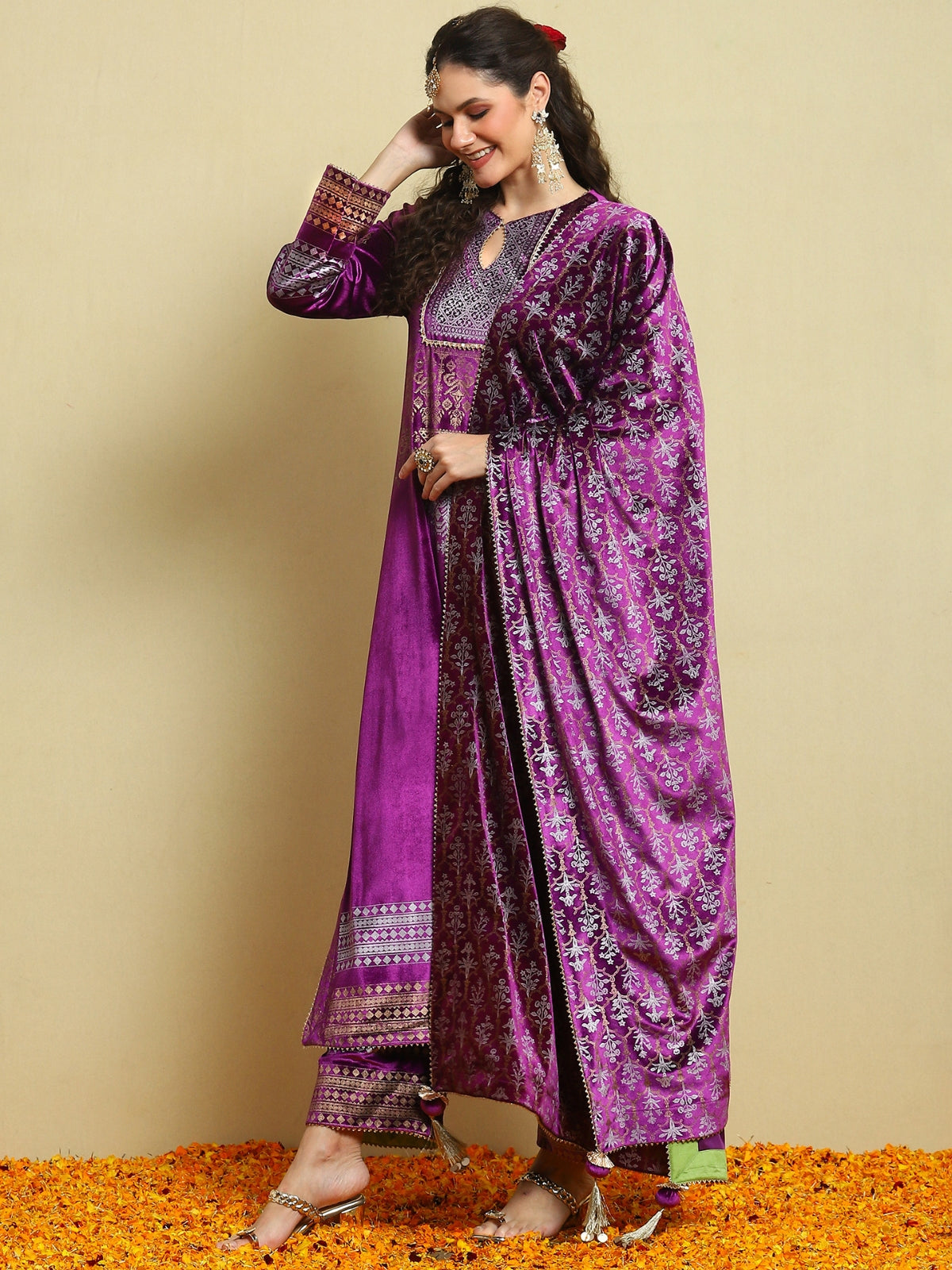 Purple With Green Facing Velvet Magic Straight Long Kurta With Plazo And Dupatta