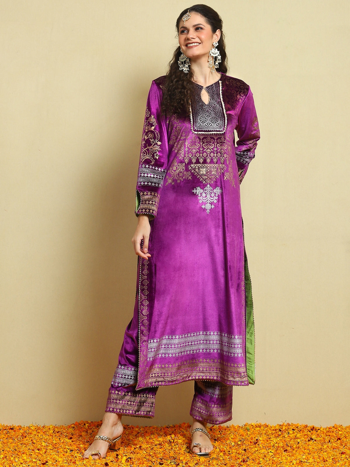 Purple With Green Facing Velvet Magic Straight Long Kurta With Plazo And Dupatta