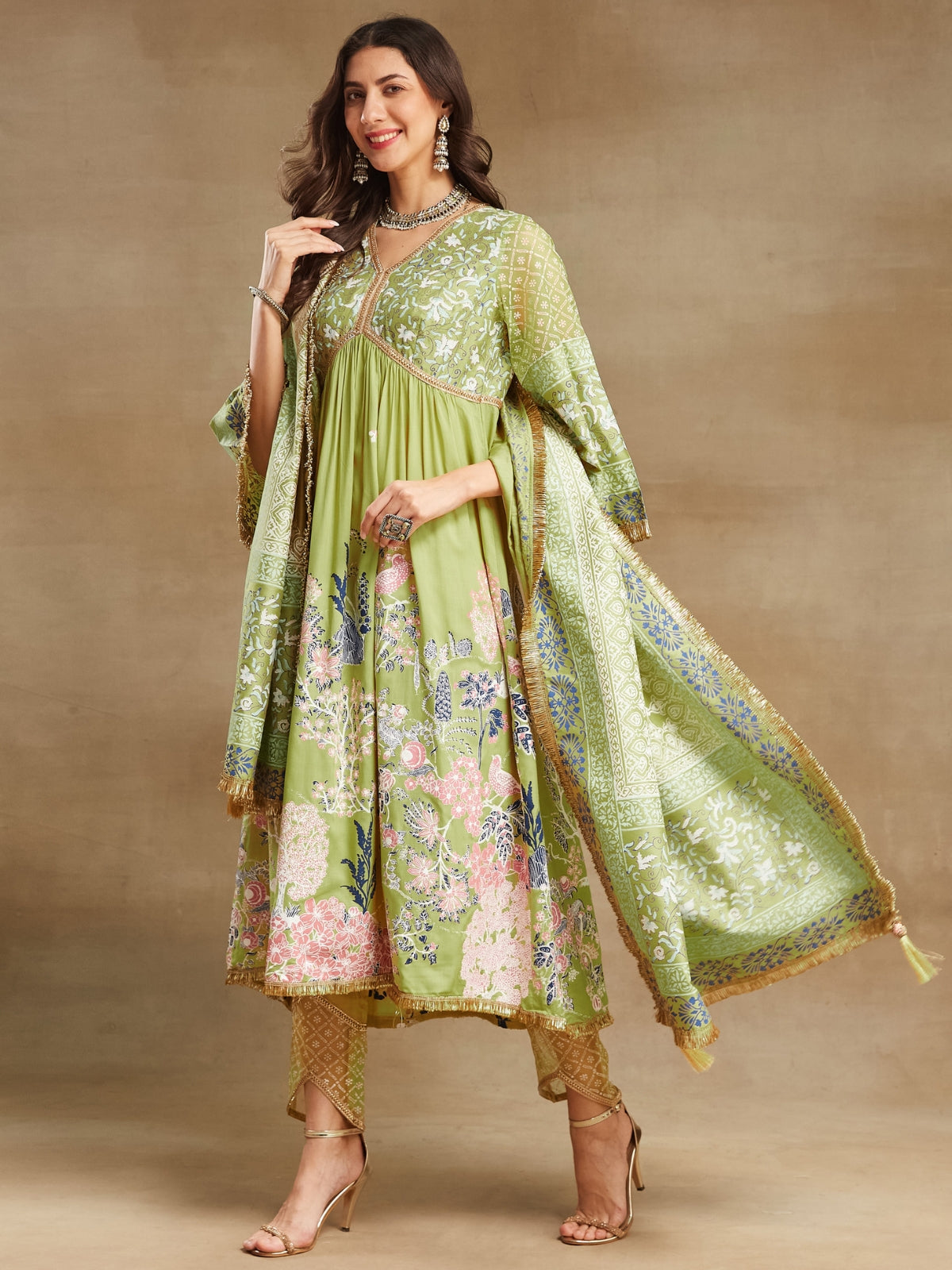 Green Noor V Neck Anarkali With Pant And Dupatta