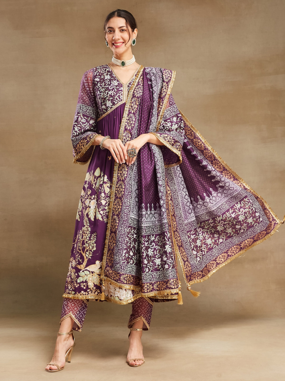 Purple Noor V Neck Anarkali With Pant And Dupatta