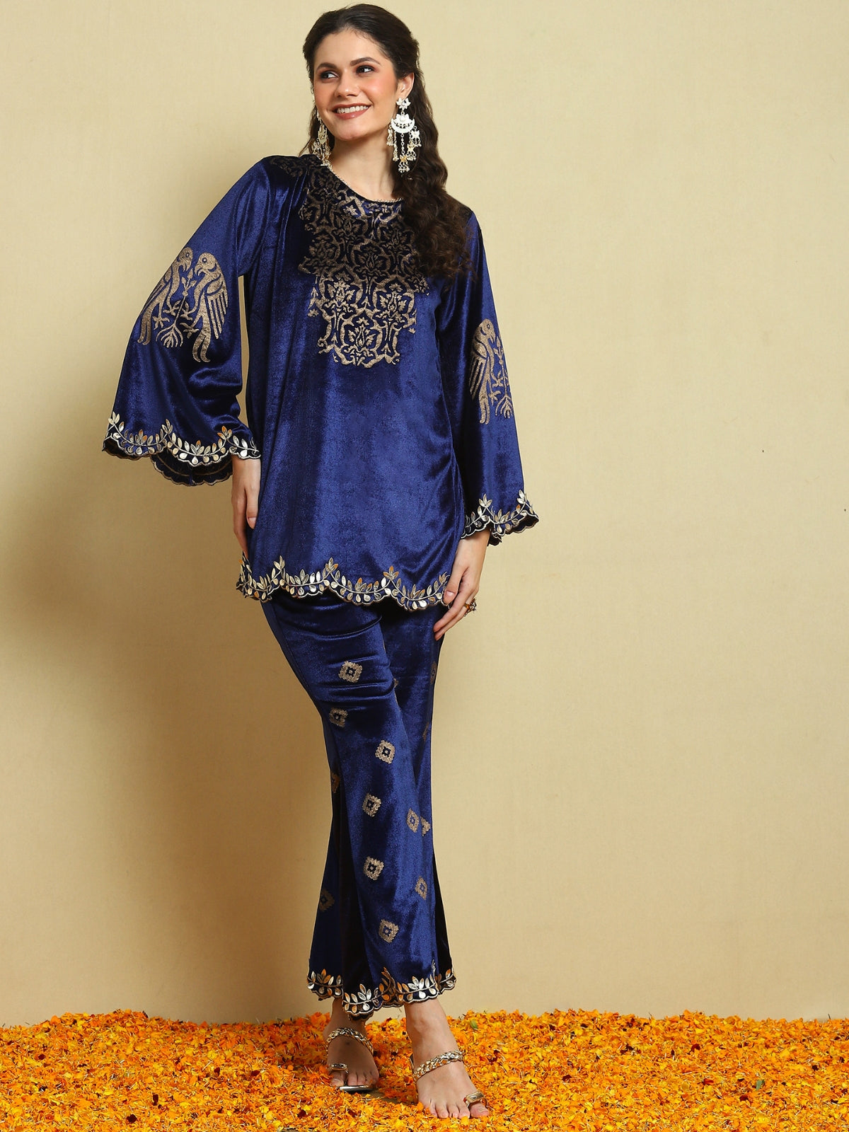 Royal Blue Velvet Magic Kurta With Flared Pant