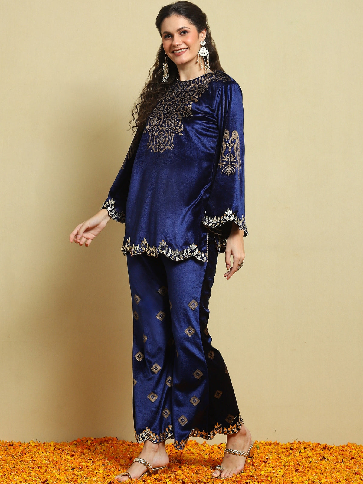 Royal Blue Velvet Magic Kurta With Flared Pant