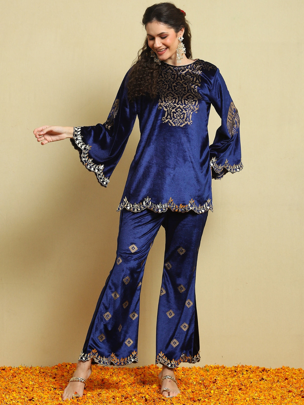 Royal Blue Velvet Magic Kurta With Flared Pant