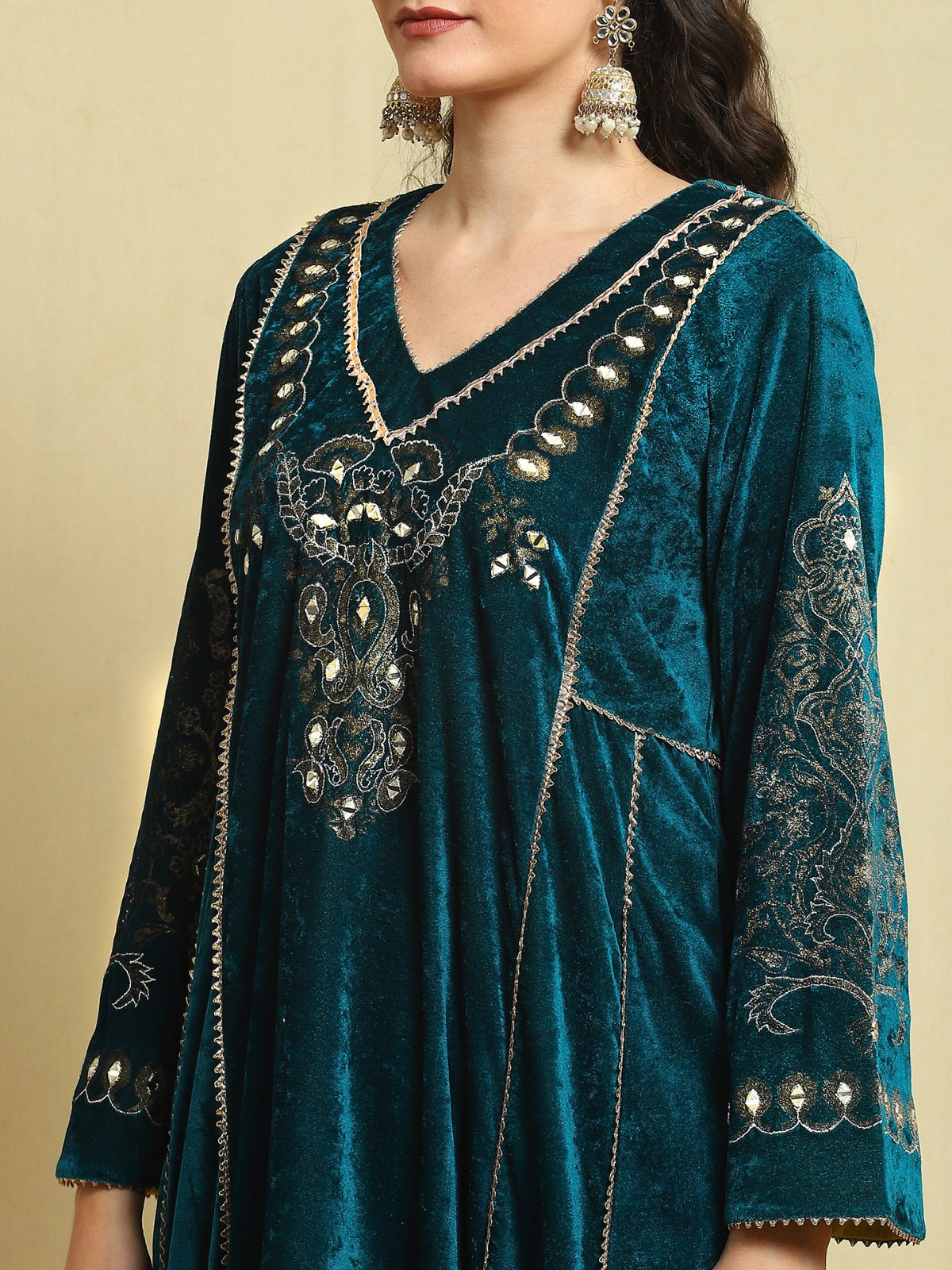 Teal Velvet Magic A Line Kurta With Plazo And Dupatta