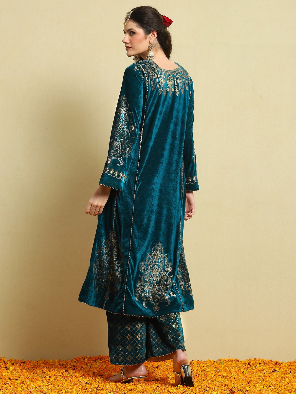 Teal Velvet Magic A Line Kurta With Plazo And Dupatta