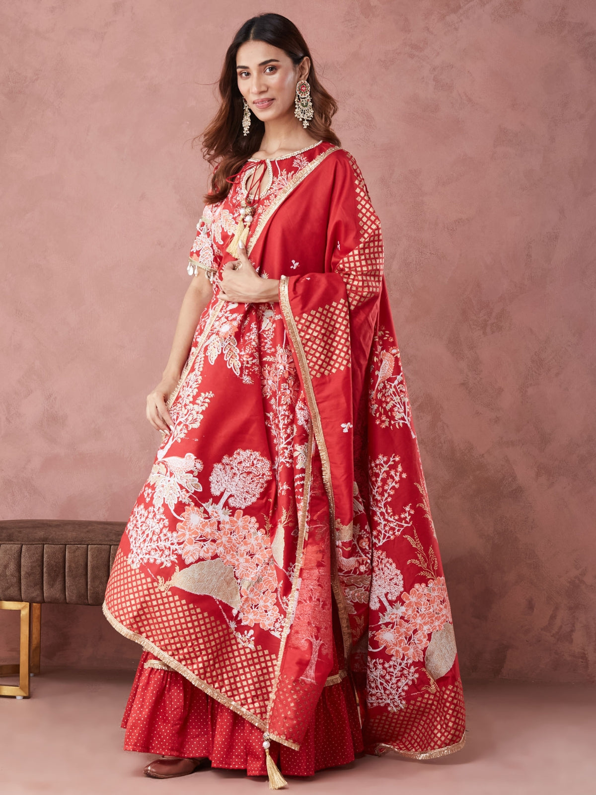 Red Noor key hole kurta with garara and dupatta