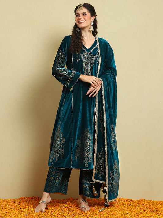 Teal Velvet Magic A Line Kurta With Plazo And Dupatta