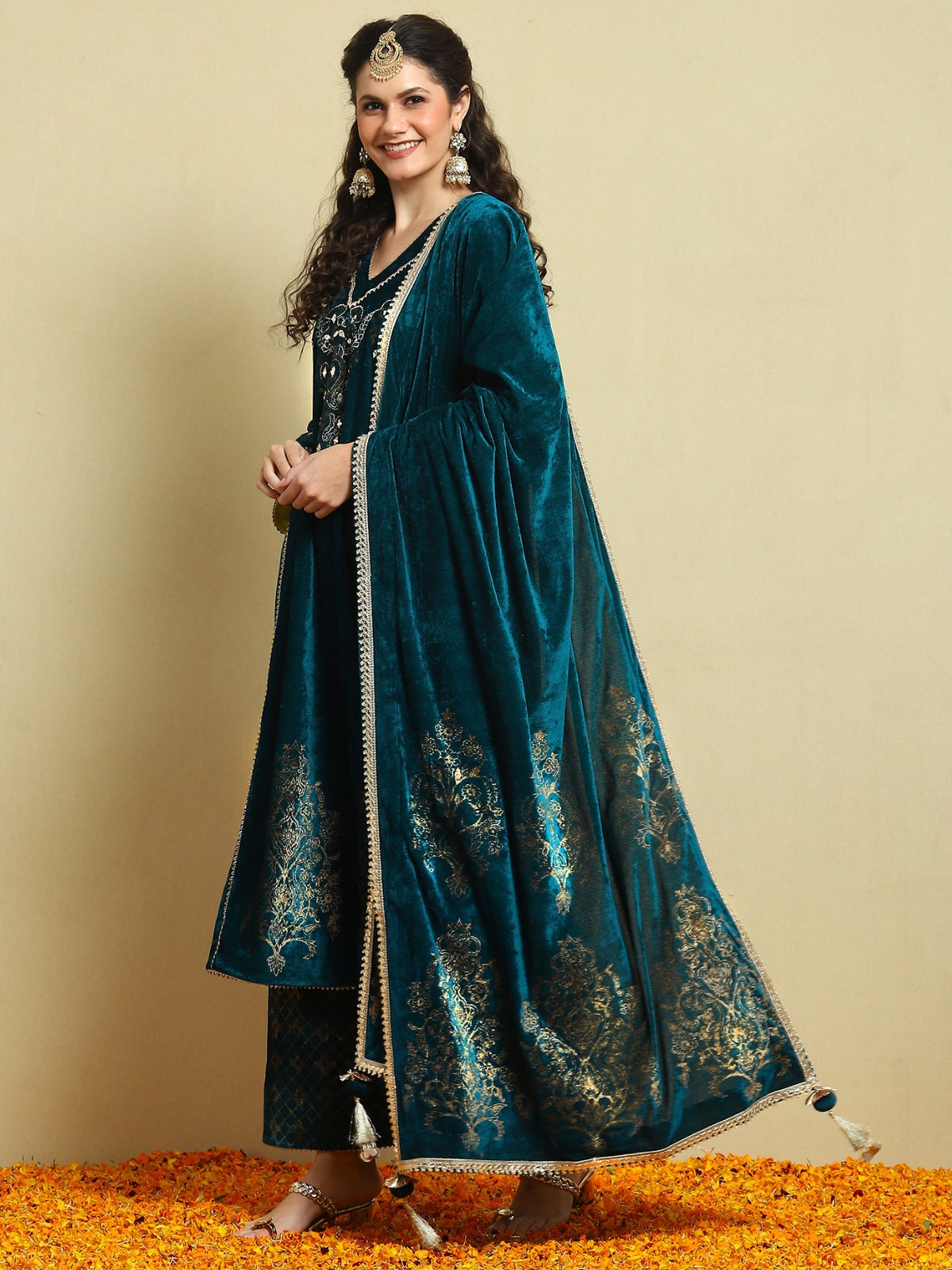 Teal Velvet Magic A Line Kurta With Plazo And Dupatta