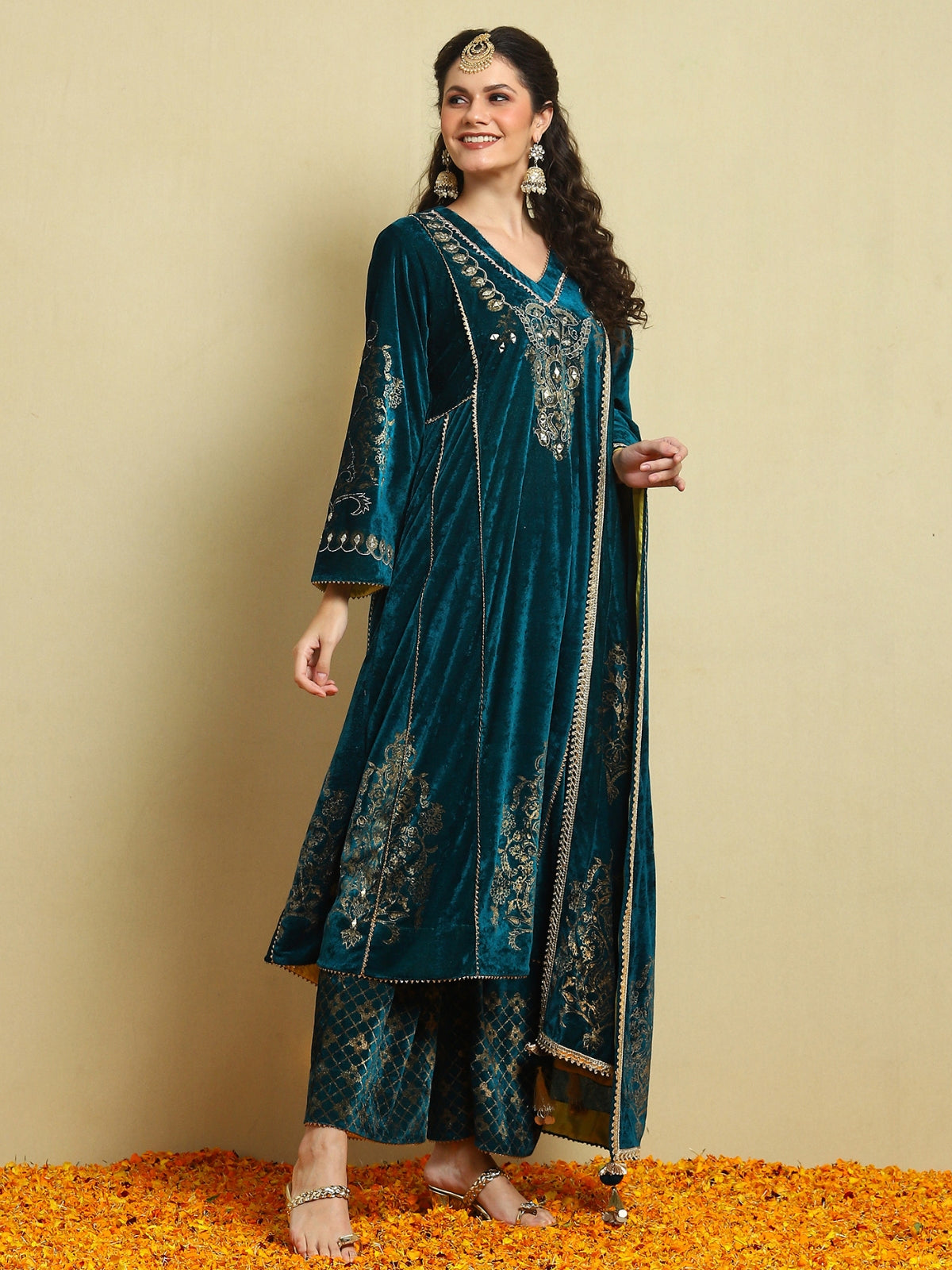 Teal Velvet Magic A Line Kurta With Plazo And Dupatta