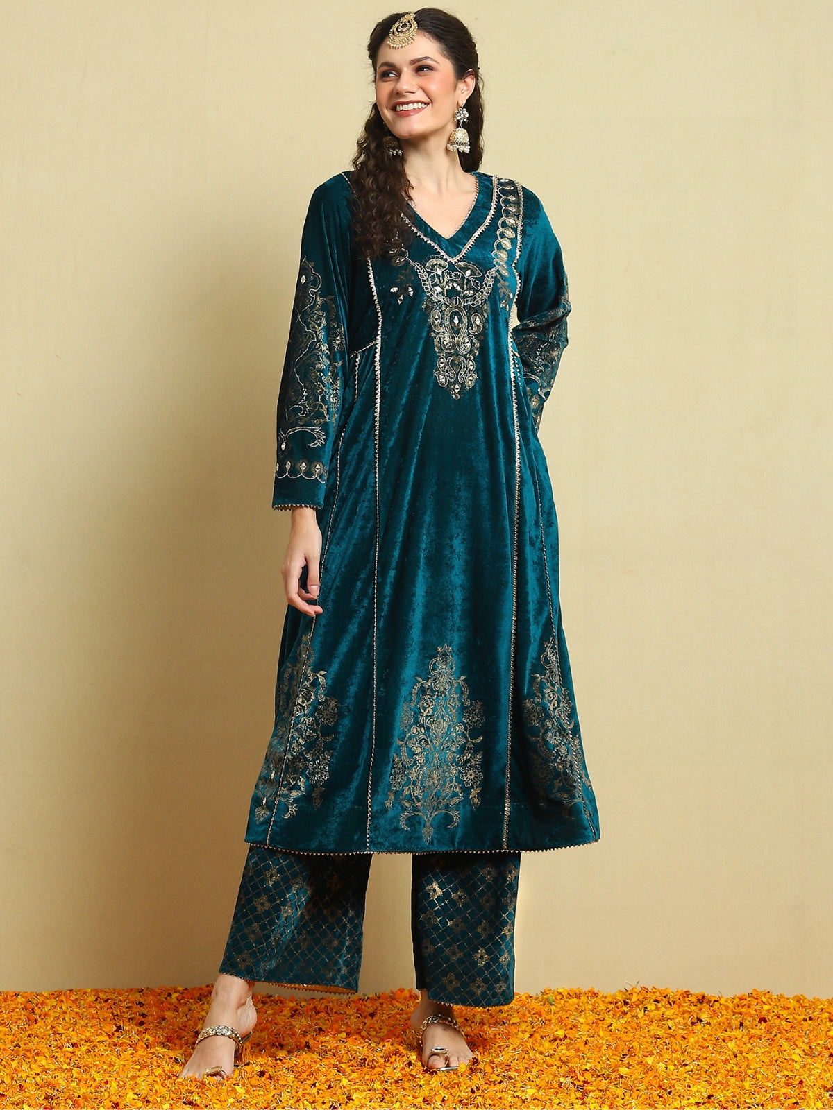 Teal Velvet Magic A Line Kurta With Plazo And Dupatta