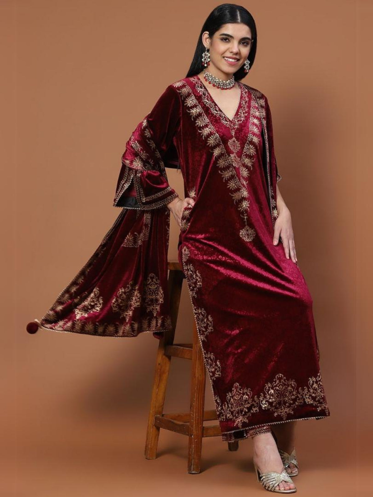 Velvet Magic Long Kurta With Plazo And Dupatta