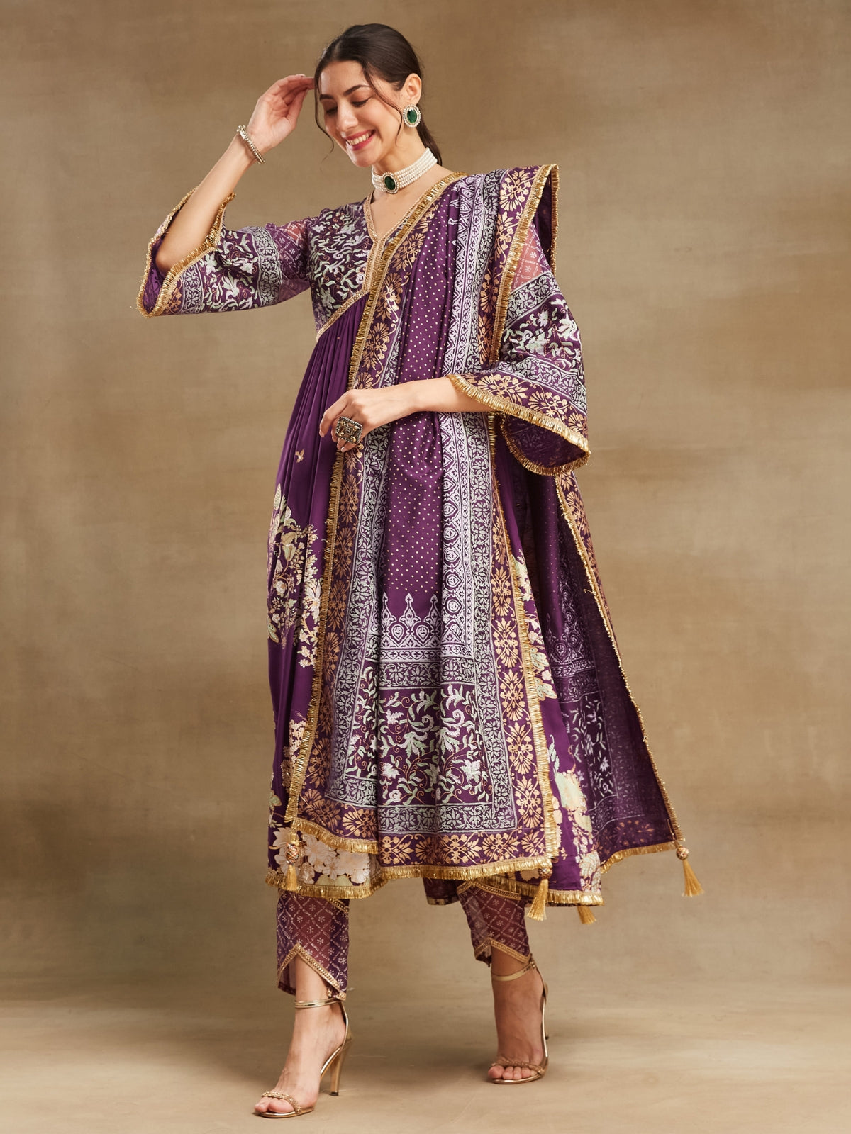 Purple Noor V Neck Anarkali With Pant And Dupatta