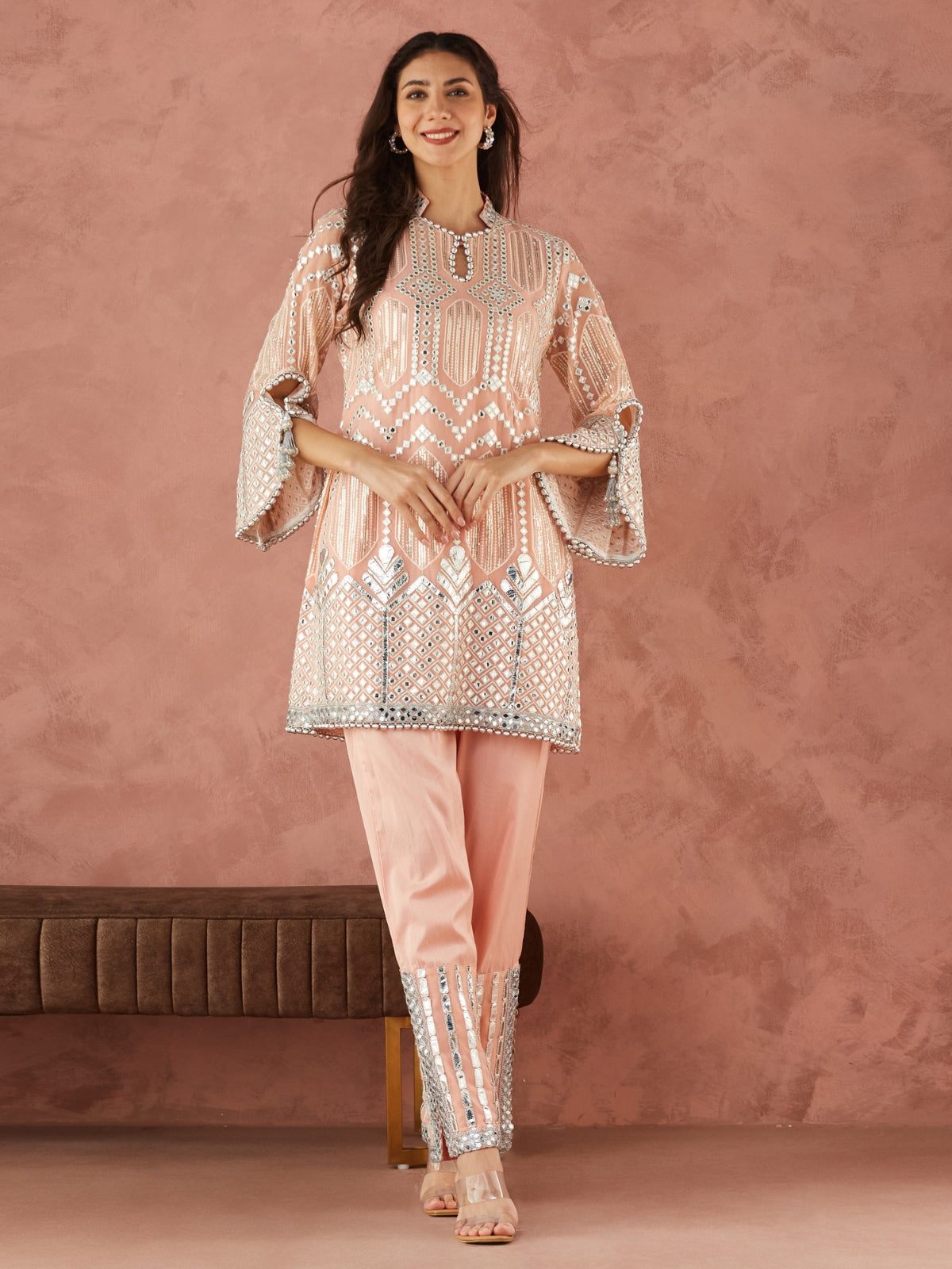 Palak Peach Straight Kurta With Slit Pants